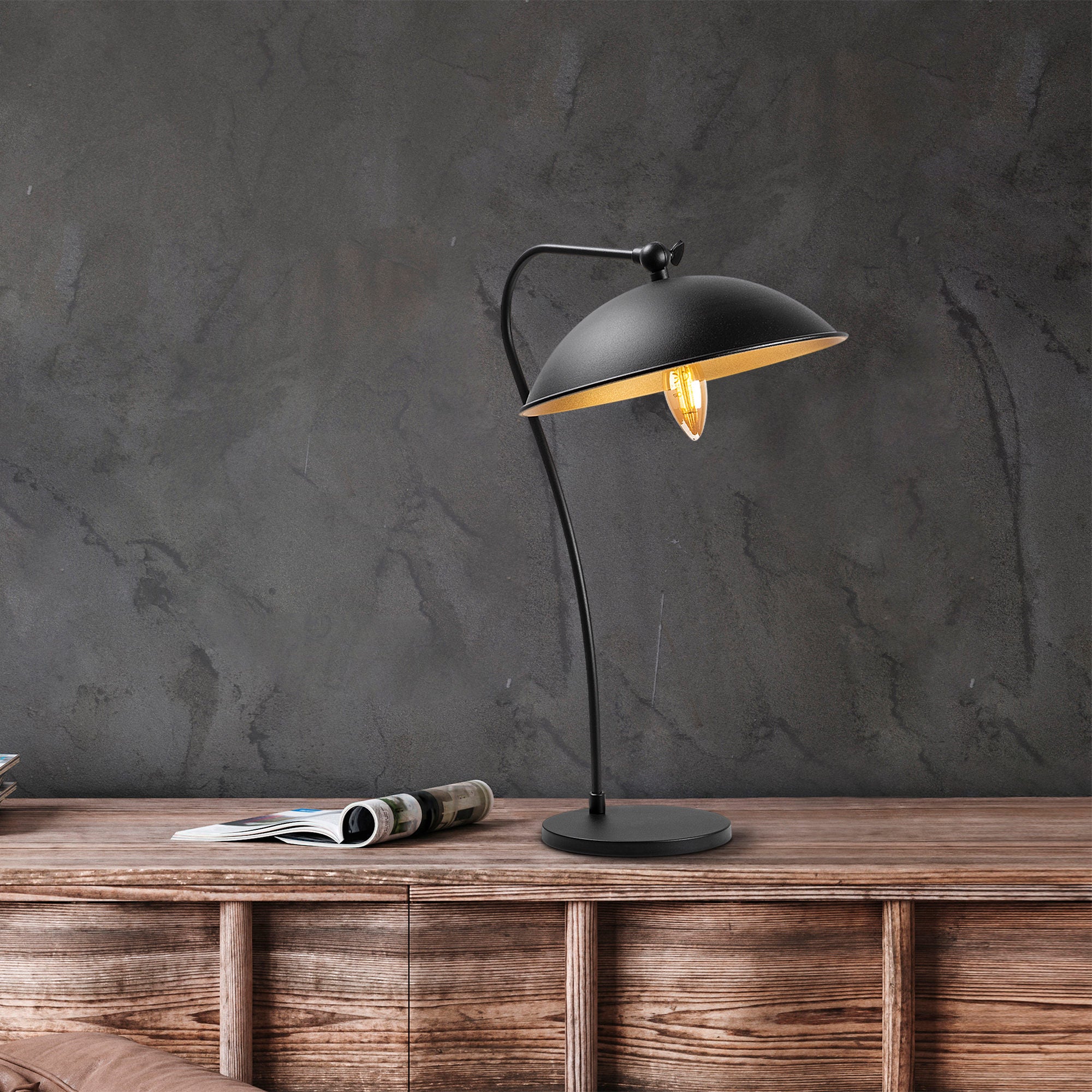 Candeeiro de Mesa Elegante Preta e Dourada, Corpo de Metal, 35 x 27 x 50 cm | Soquete E14, Máx. 40 W | Design Industrial Moderno para Decoração de Casa e Escritório