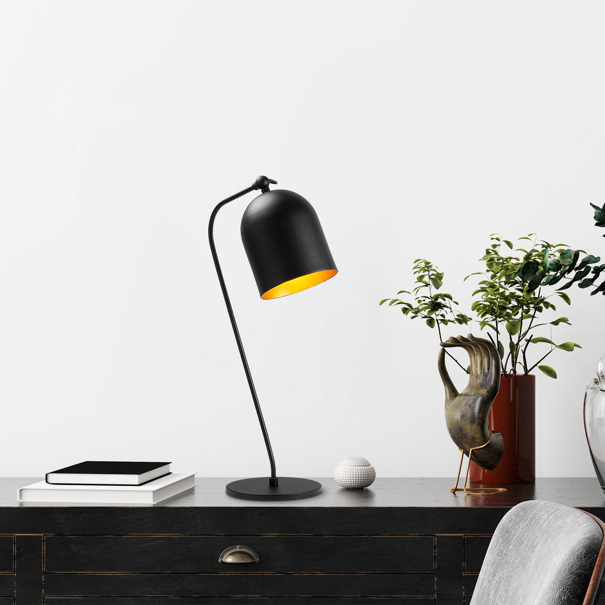 Candeeiro de Mesa elegante, preta e dourada, corpo de metal, 22 x 30 x 60 cm | Soquete E14, máx. 40 W | Design industrial moderno para decoração de casa e escritório