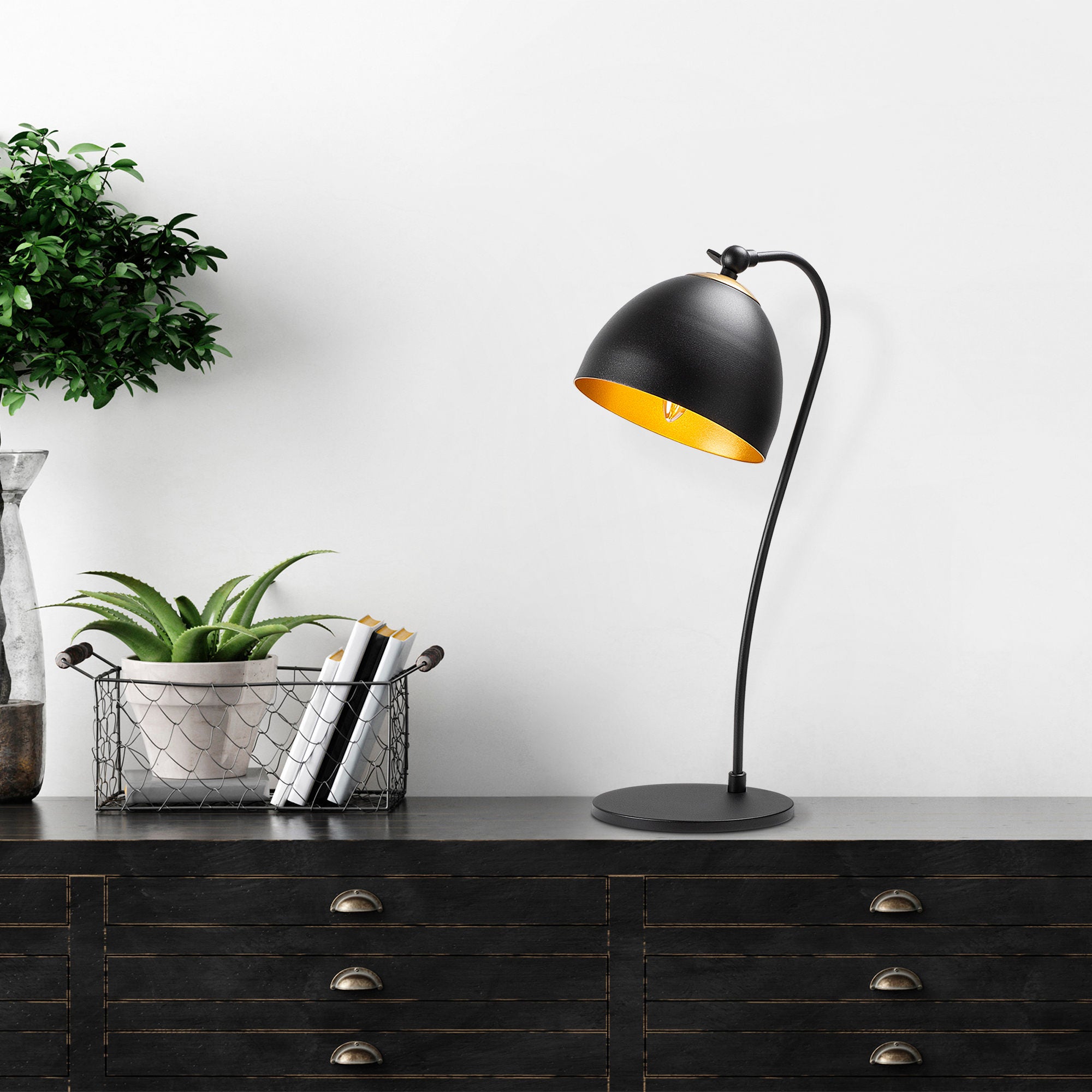 Candeeiro de Mesa Moderna, Preta e Dourada, 25 x 25 x 54 cm | Corpo em Metal, Soquete E14, IP20 | Design Industrial e Escandinavo Elegante para Casa e Escritório