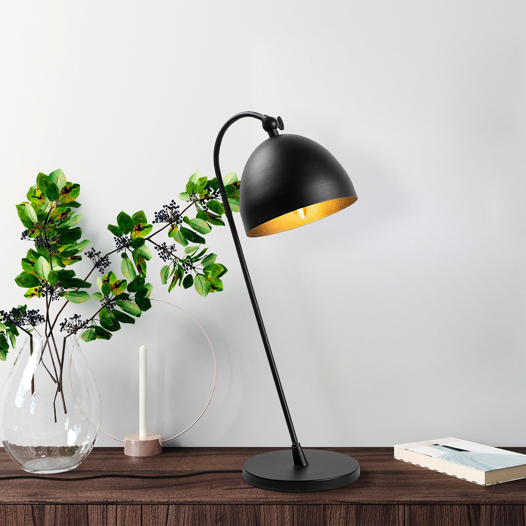 Candeeiro de Mesa Moderna, Preta e Dourada, 18 x 26 x 54 cm | Corpo em Metal, Soquete E14, 40 W Máx., Cabo de 200 cm | Design Industrial e Escandinavo Elegante