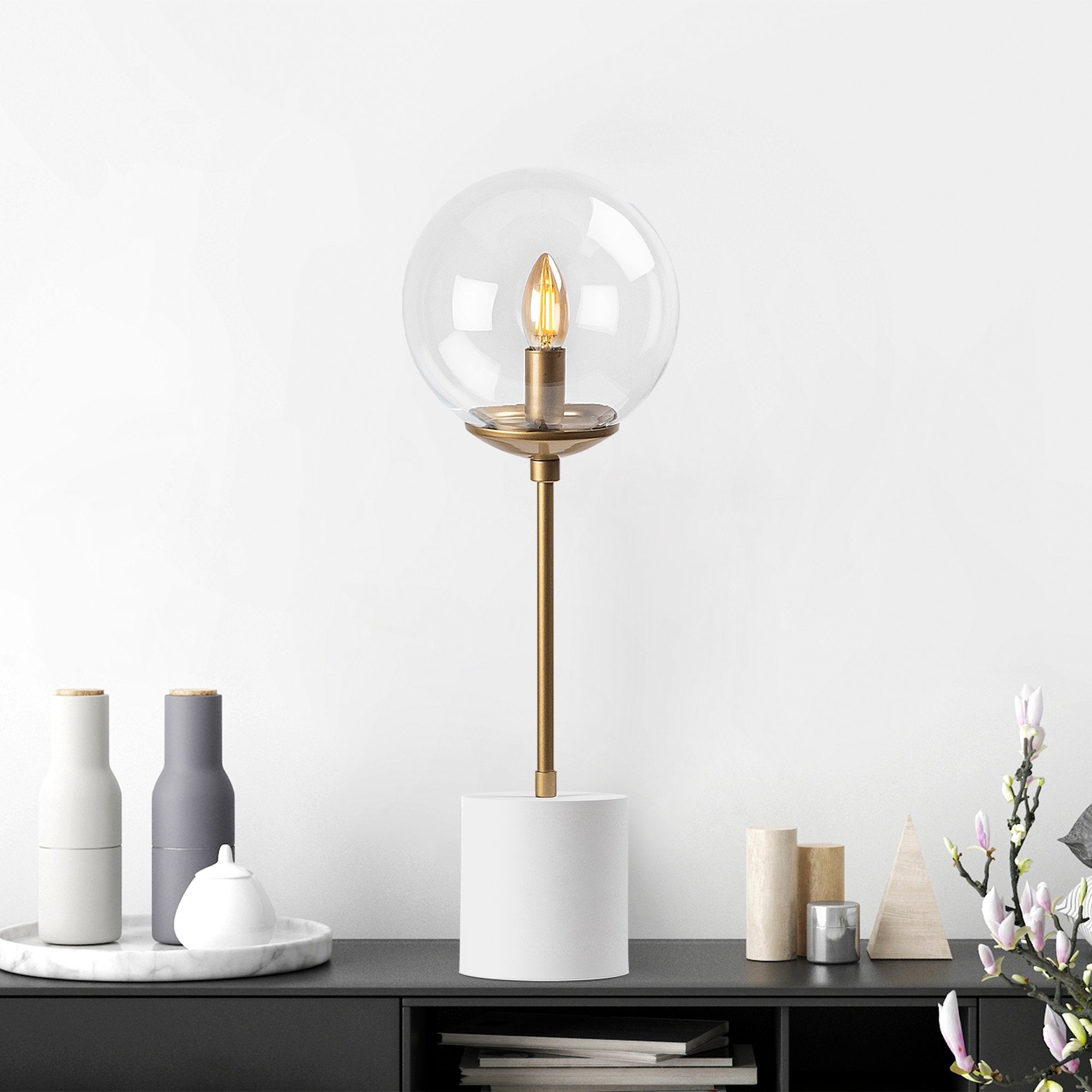 Candeeiro de Mesa Moderna com Corpo de Metal e Tampa de Vidro, 20 x 20 x 57 cm, Branca | Soquete E14, 40 W Máx., Cabo de 200 cm | Design Escandinavo Elegante para Decoração de Casa