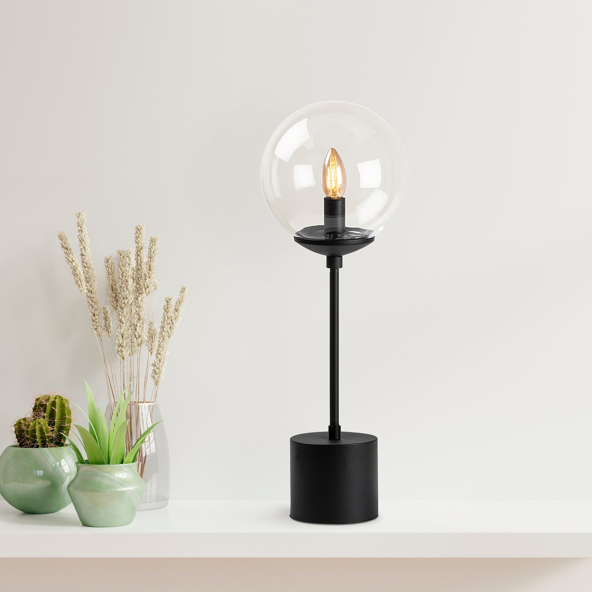 Candeeiro de Mesa Preta Moderna, Corpo de Metal com Tampa de Vidro, 20 x 20 x 57 cm | Soquete E14, Potência Máxima de 40 W, Cabo de 200 cm | Design Industrial Elegante para Casa e Escritório