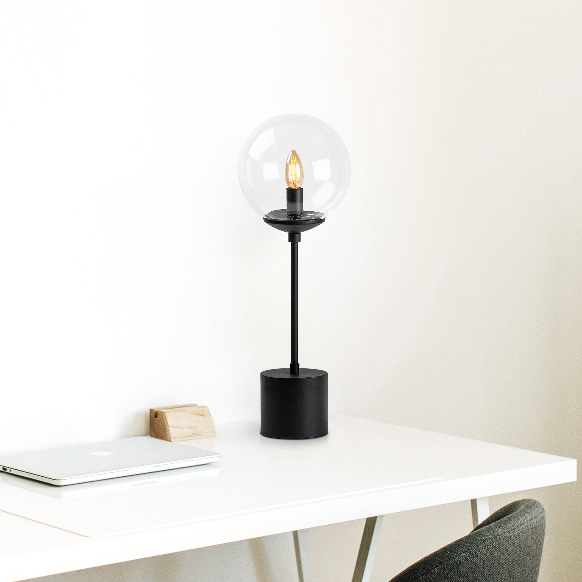 Candeeiro de Mesa Preta Moderna, Corpo de Metal com Tampa de Vidro, 20 x 20 x 57 cm | Soquete E14, Potência Máxima de 40 W, Cabo de 200 cm | Design Industrial Elegante para Casa e Escritório
