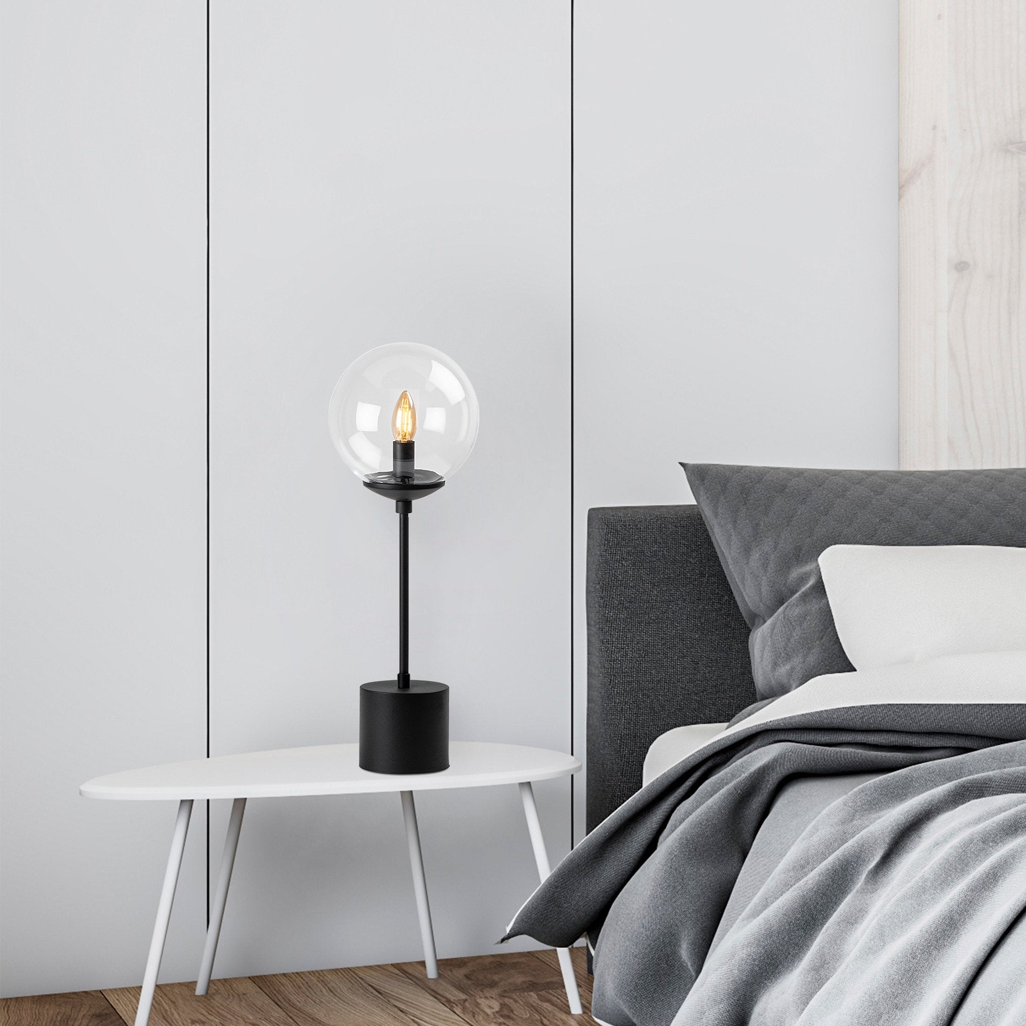 Candeeiro de Mesa Preta Moderna, Corpo de Metal com Tampa de Vidro, 20 x 20 x 57 cm | Soquete E14, Potência Máxima de 40 W, Cabo de 200 cm | Design Industrial Elegante para Casa e Escritório