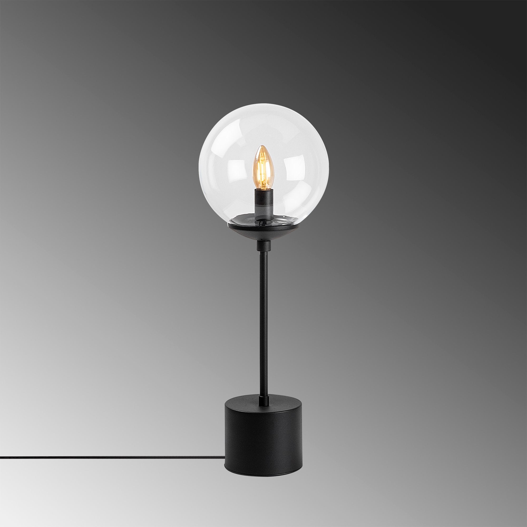 Candeeiro de Mesa Preta Moderna, Corpo de Metal com Tampa de Vidro, 20 x 20 x 57 cm | Soquete E14, Potência Máxima de 40 W, Cabo de 200 cm | Design Industrial Elegante para Casa e Escritório