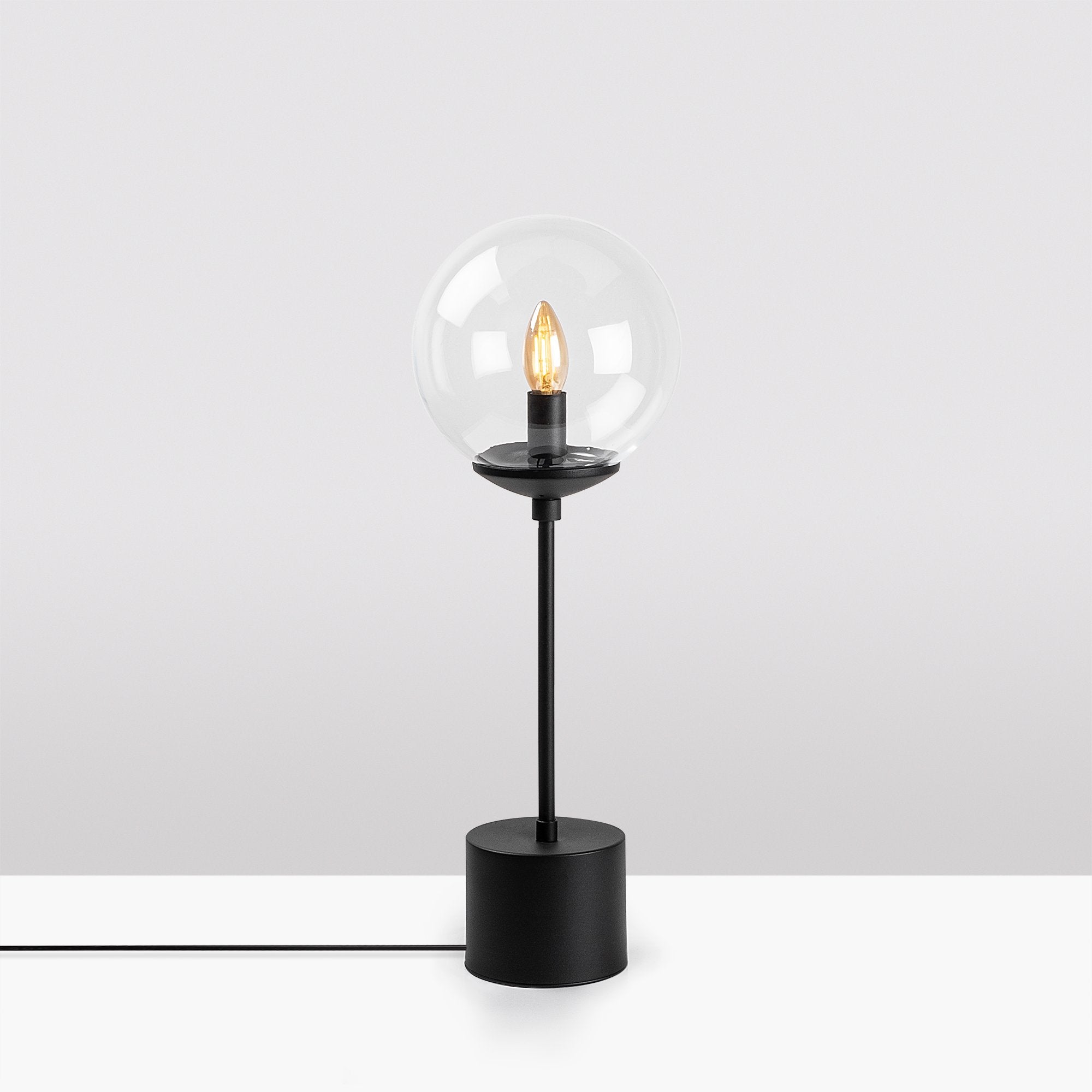 Candeeiro de Mesa Preta Moderna, Corpo de Metal com Tampa de Vidro, 20 x 20 x 57 cm | Soquete E14, Potência Máxima de 40 W, Cabo de 200 cm | Design Industrial Elegante para Casa e Escritório
