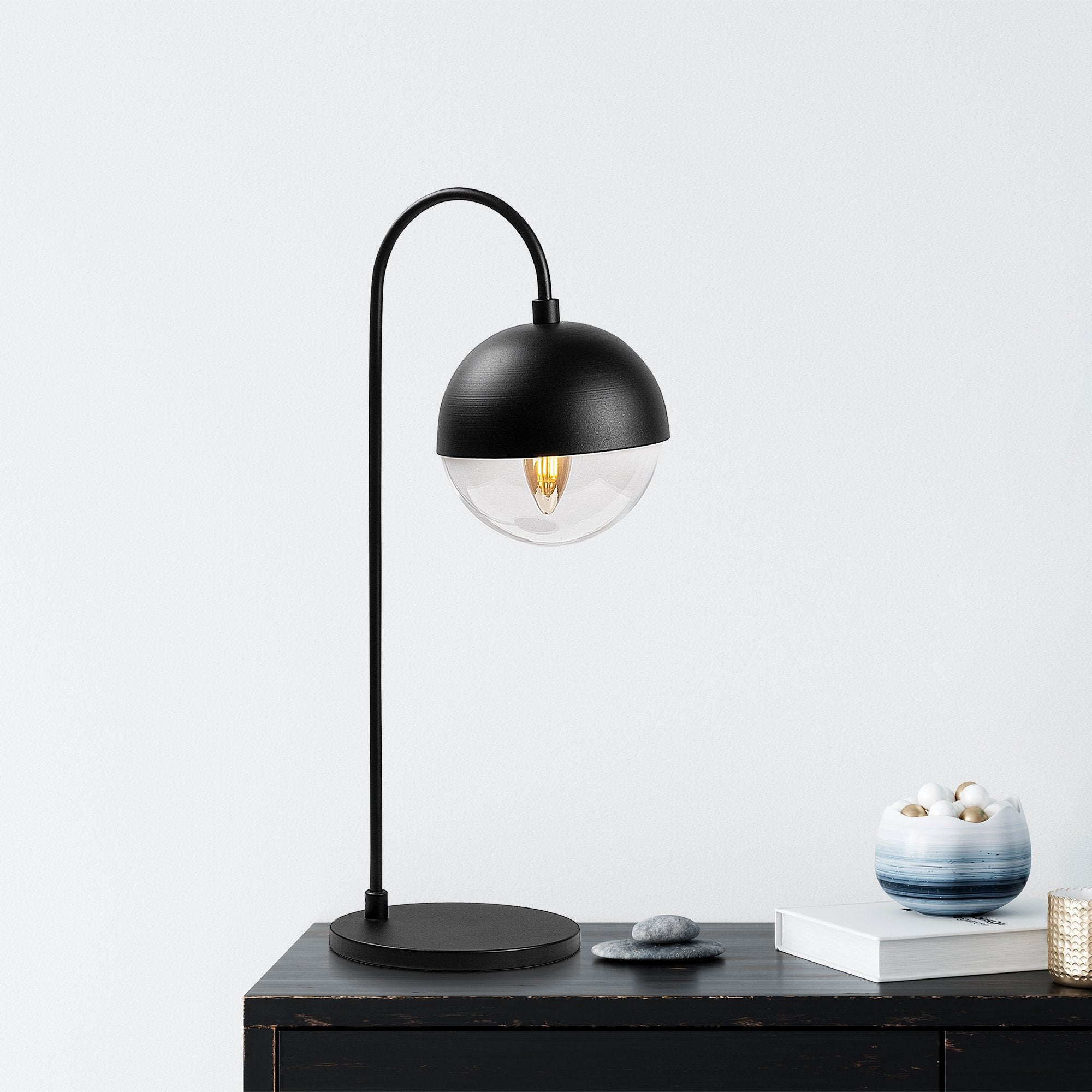 Candeeiro de Mesa preta moderna, corpo de metal com tampa de vidro, 18 x 25 x 53 cm | Soquete E14, 40 W máx., cabo de 200 cm | Design industrial e escandinavo elegante