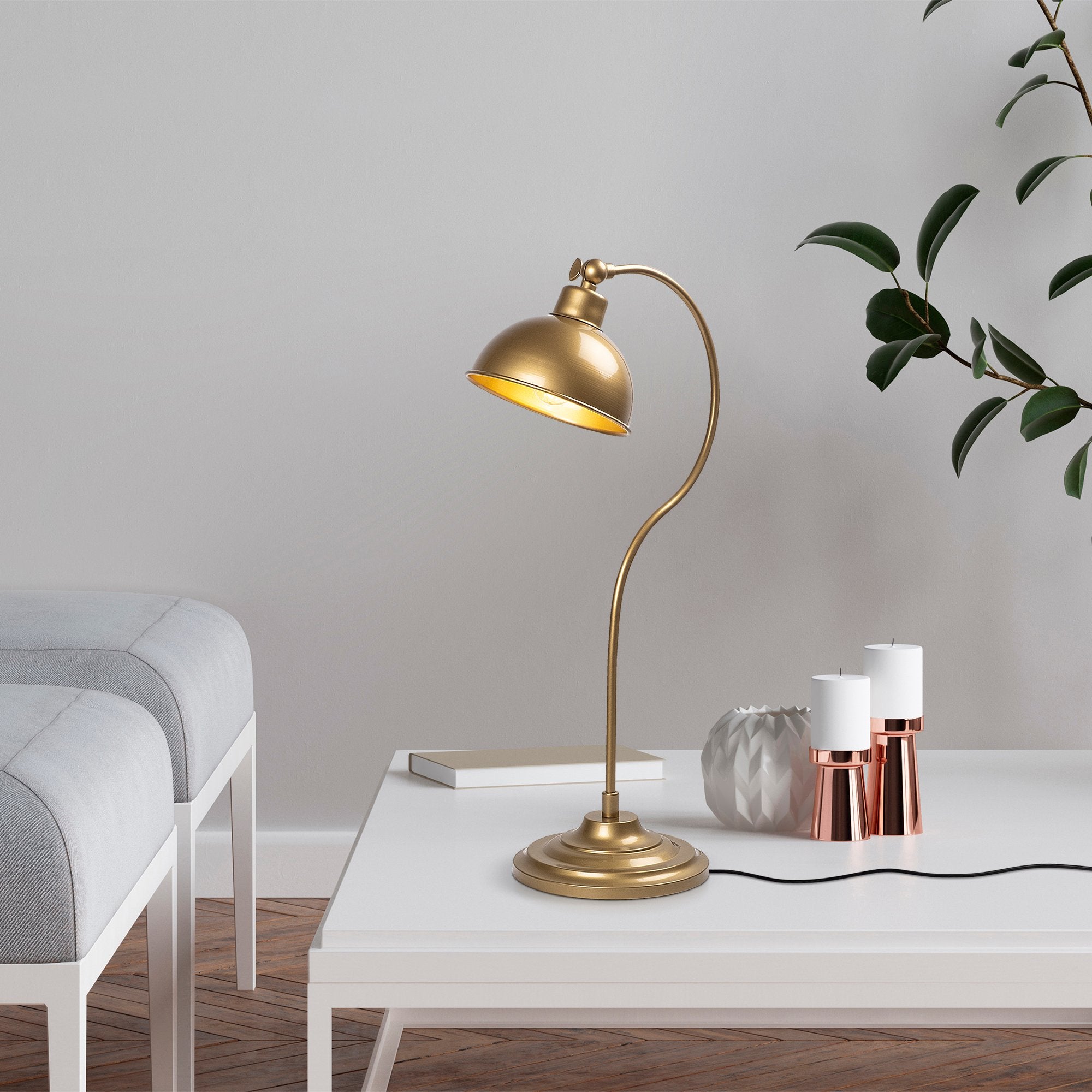 Candeeiro de Mesa Elegante Dourada, Corpo em Metal, 19 x 29 x 58 cm | Soquete E27, Potência Máxima de 40 W, Cabo de 200 cm | Design Escandinavo Moderno, Perfeito para Decoração de Casa