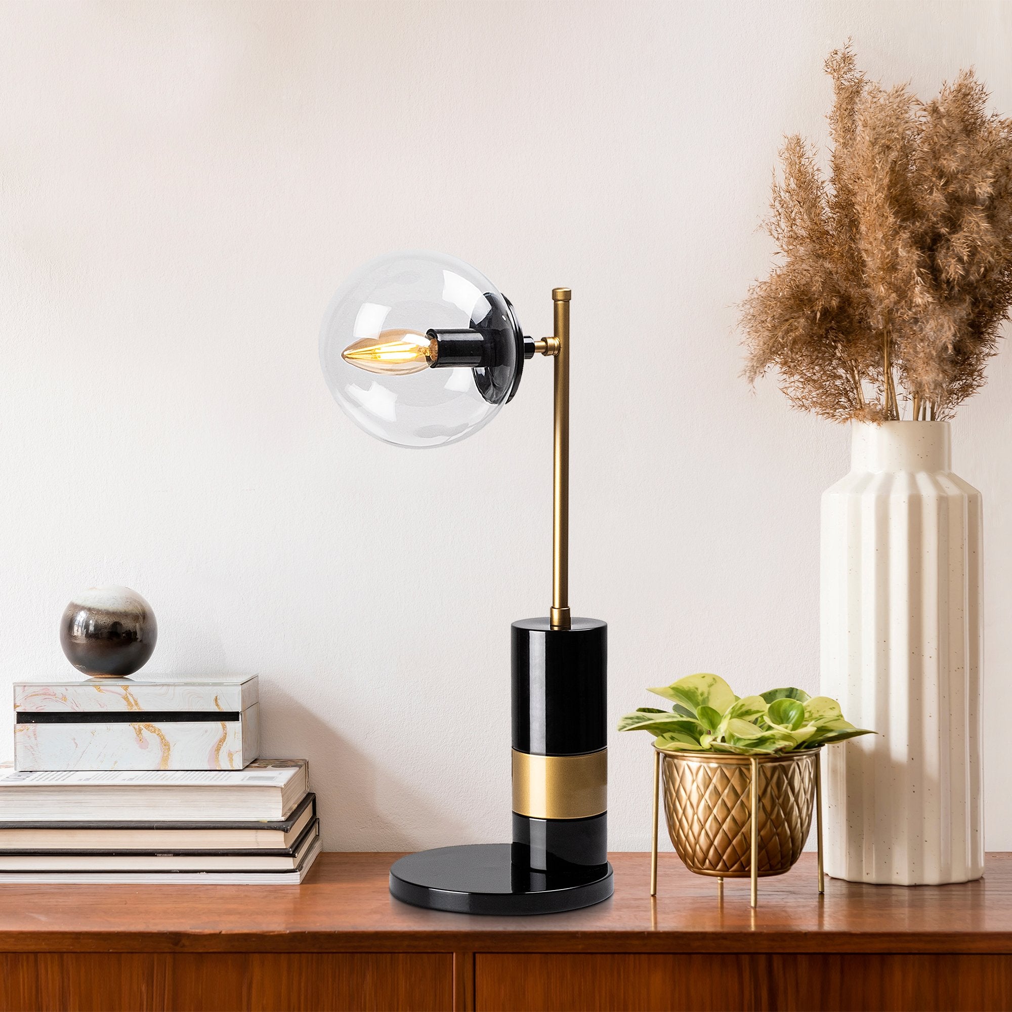 Candeeiro de Mesa Moderna com Corpo em Metal, Acabamento Preto e Antigo, 18 x 18 x 48 cm | Soquete E14, Potência Máxima de 40 W, Cabo de 200 cm | Iluminação Elegante para Decoração Glamourosa e Escandinava