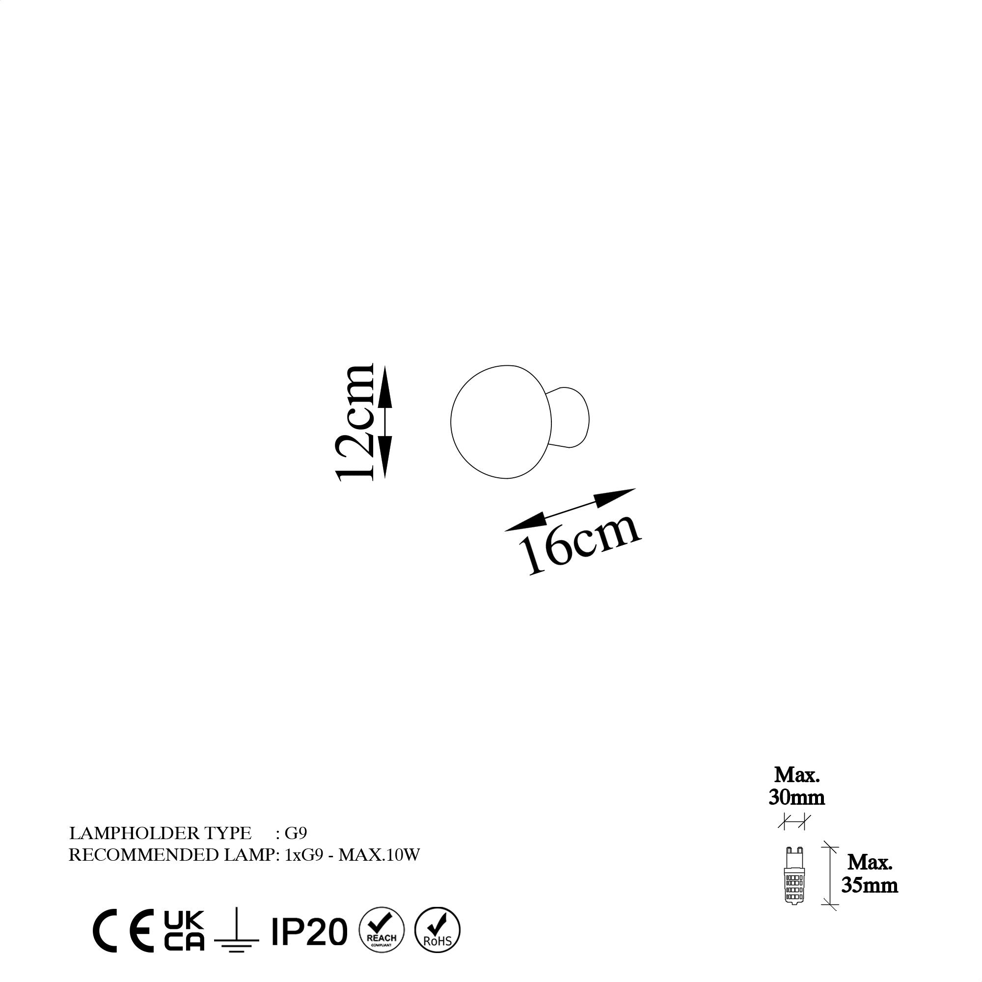 Candeeiro de Parede dourada elegante, corpo de metal, 12 cm de diâmetro, 16 cm de altura | IP20, soquete G9, máx. 10 W | Ideal para decoração moderna e iluminação ambiente