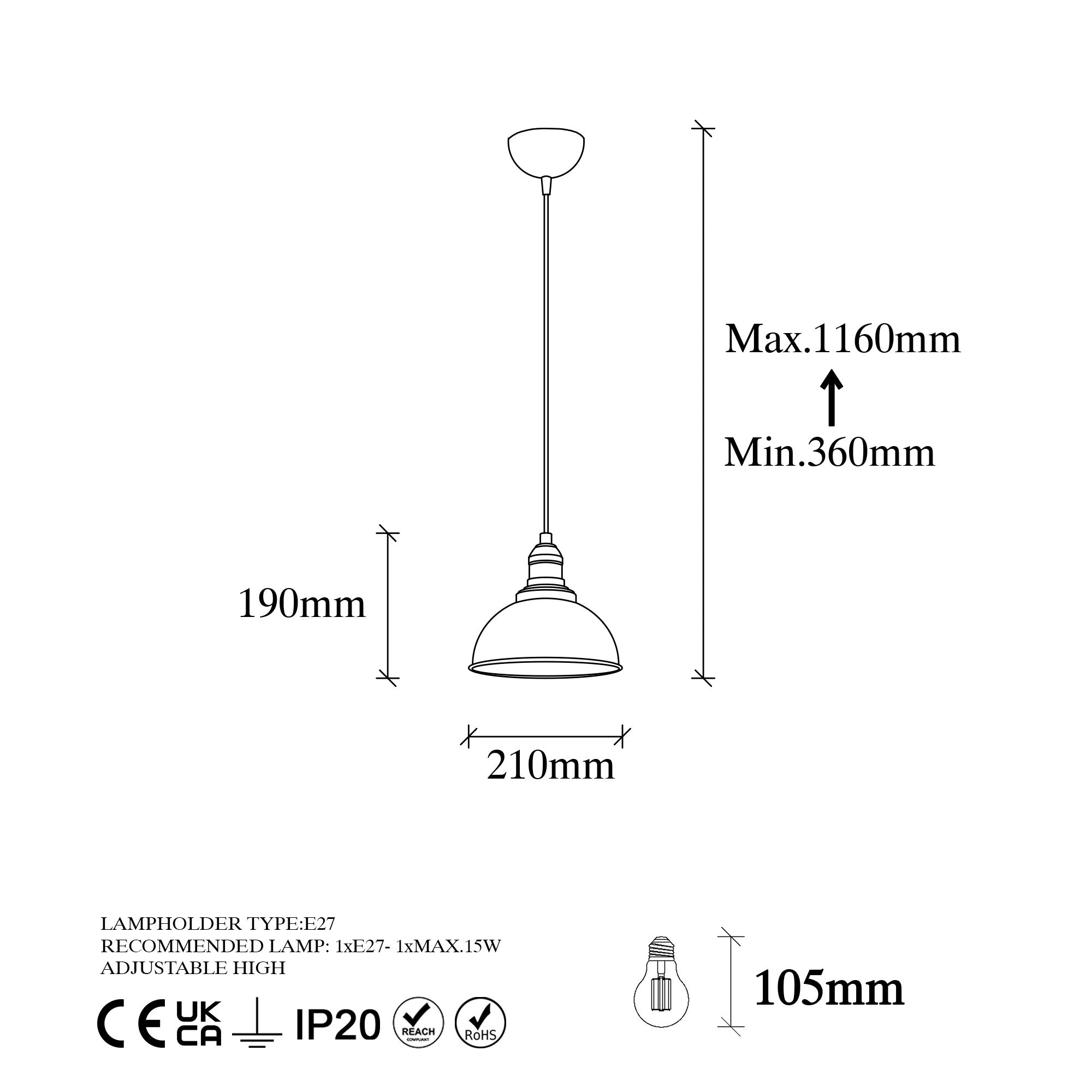 Candeeiro de Teto Vintage Elegante, Corpo em Metal, 21x21 cm, Altura 36-116 cm | Soquete E27, Máx. 15 W | Design Boêmio e Escandinavo para Interiores Elegantes