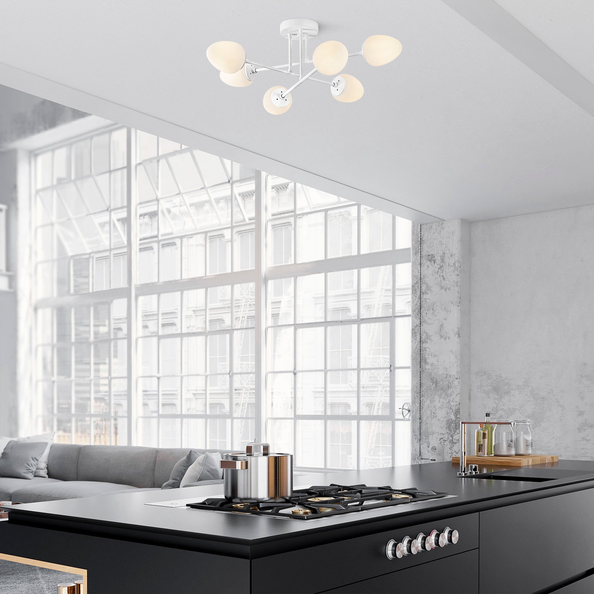 Candeeiro de Teto branco moderno, 81 x 81 cm, corpo de metal e tampa de vidro, 6 soquetes E14, design escandinavo elegante, perfeito para casa e escritório