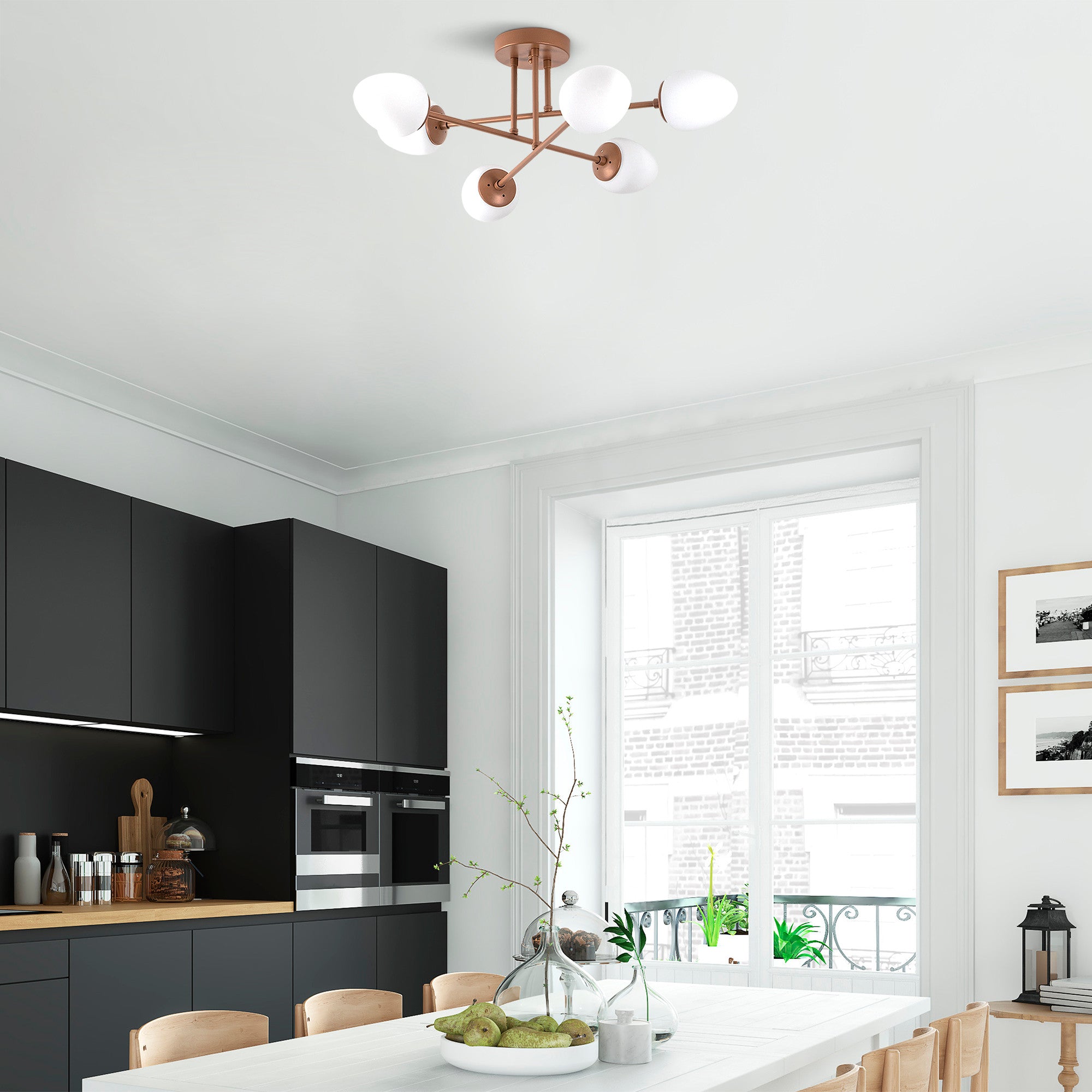 Candeeiro de Teto elegante de cobre, 81 x 81 cm, corpo de metal e tampa de vidro, 6 soquetes E14, design escandinavo moderno, perfeito para decoração glamorosa de casa