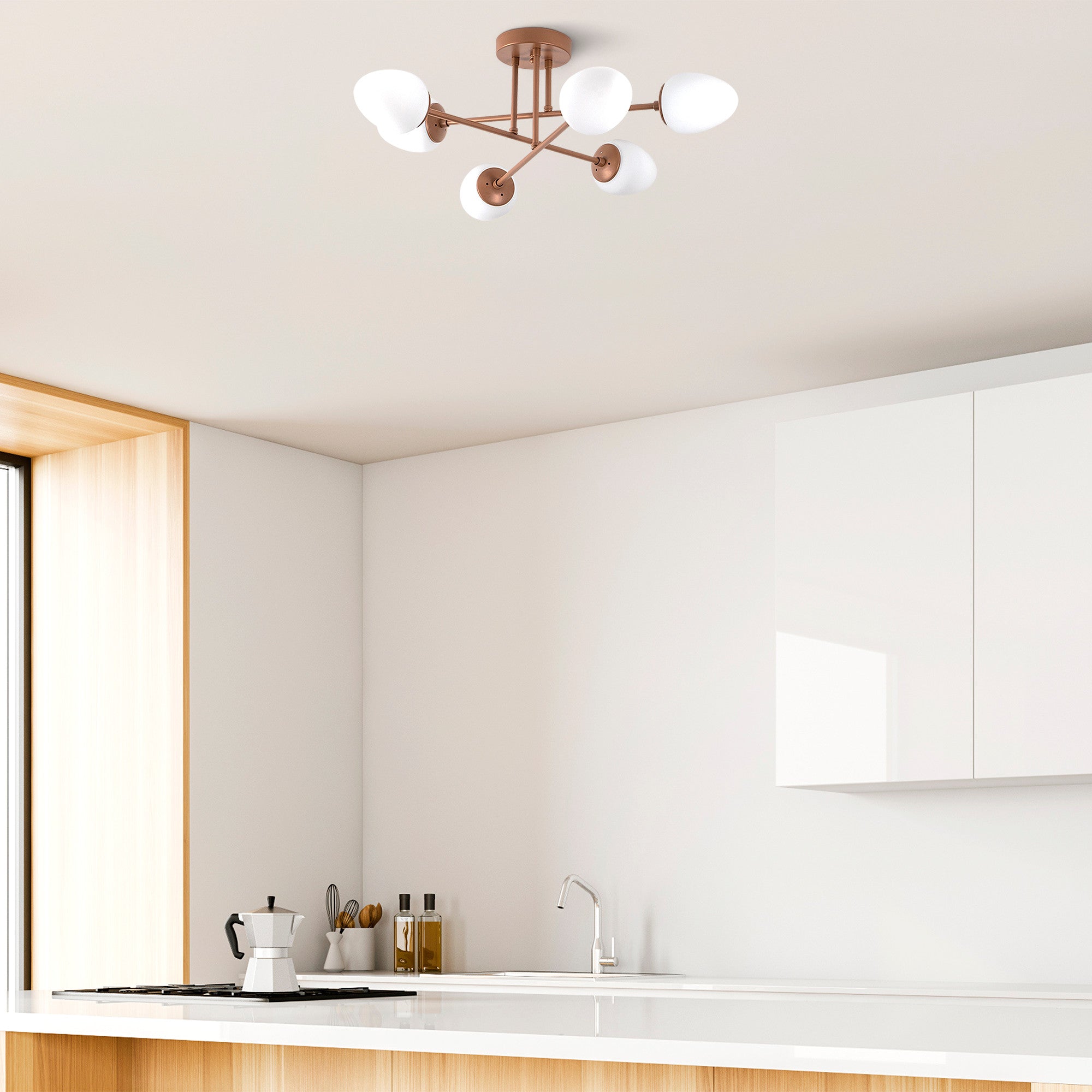 Candeeiro de Teto elegante de cobre, 81 x 81 cm, corpo de metal e tampa de vidro, 6 soquetes E14, design escandinavo moderno, perfeito para decoração glamorosa de casa