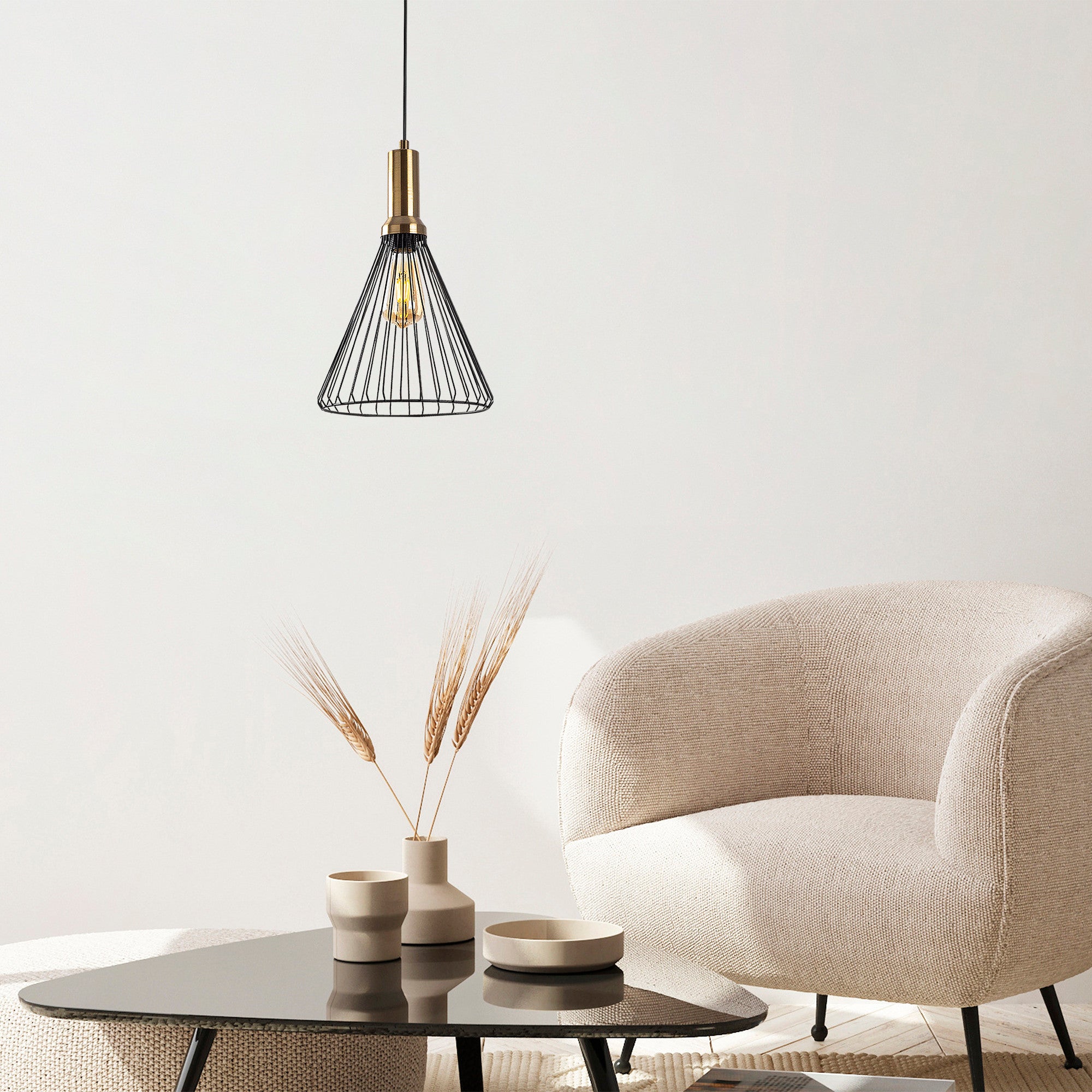 Candeeiro de Teto Industrial Moderno, Acabamento Preto e Antigo, 24x24 cm, Altura Ajustável 50-140 cm, Soquete E27, Design Elegante em Metal para Espaços Glamourosos