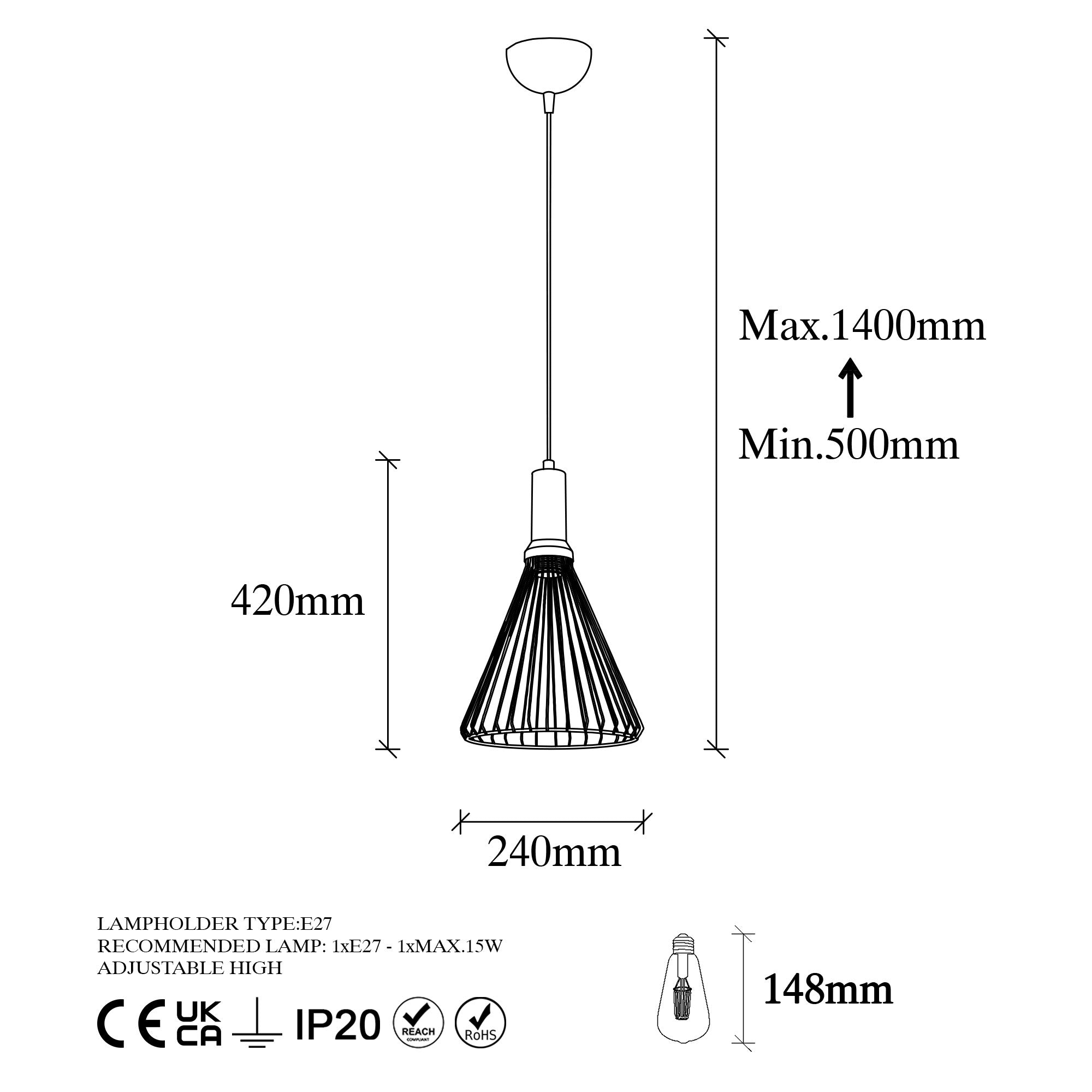 Candeeiro de Teto Industrial Moderno, Acabamento Preto e Antigo, 24x24 cm, Altura Ajustável 50-140 cm, Soquete E27, Design Elegante em Metal para Espaços Glamourosos