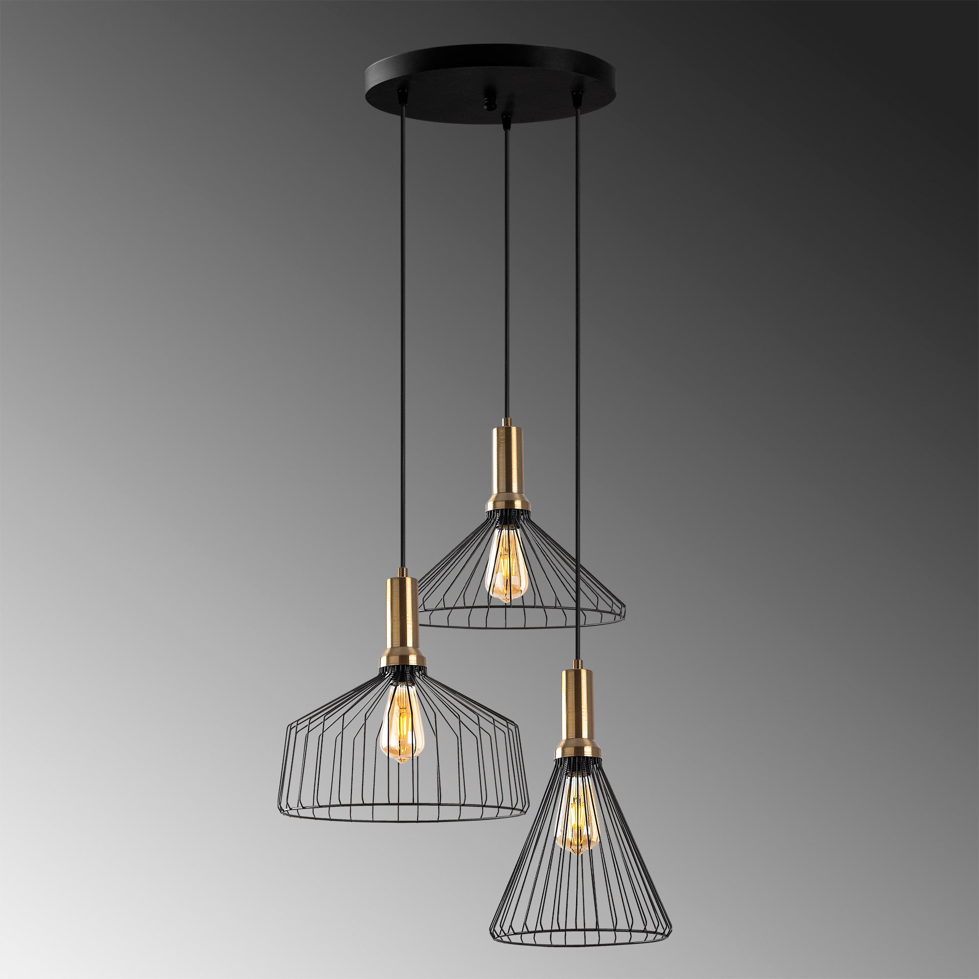 Candeeiro de Teto Industrial Moderno, Acabamento Preto e Antigo, 63 x 54 cm, Altura Ajustável 50-140 cm, Corpo de Metal, 3 Soquetes E27 | Iluminação Elegante para Casa e Escritório