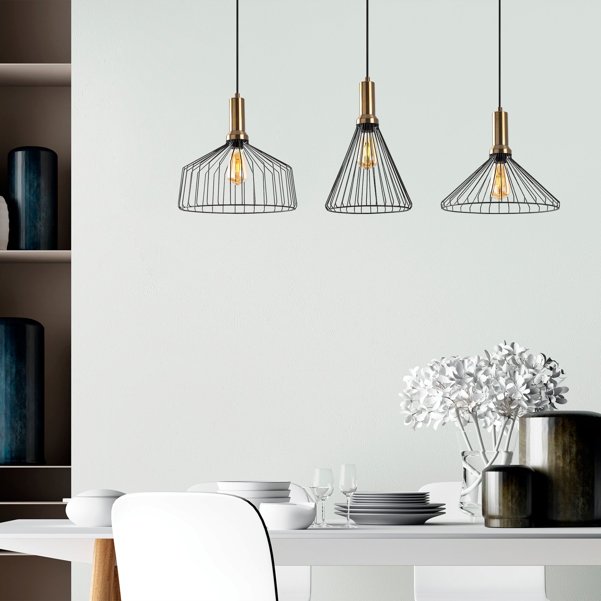 Candeeiro de Teto industrial moderno, corpo de metal, acabamento preto e antigo, 104 x 34 cm, altura ajustável de 50 a 140 cm, 3 soquetes E27, design elegante e glamouroso