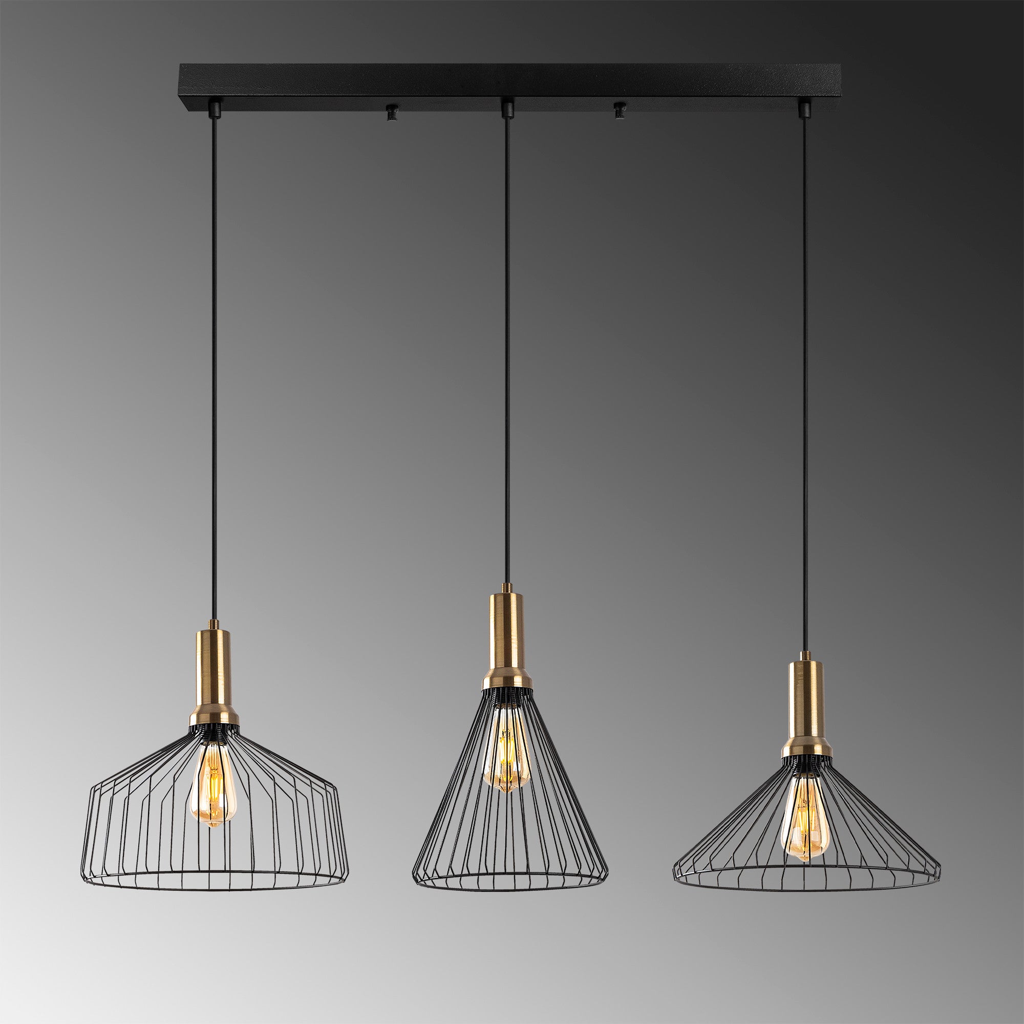 Candeeiro de Teto industrial moderno, corpo de metal, acabamento preto e antigo, 104 x 34 cm, altura ajustável de 50 a 140 cm, 3 soquetes E27, design elegante e glamouroso