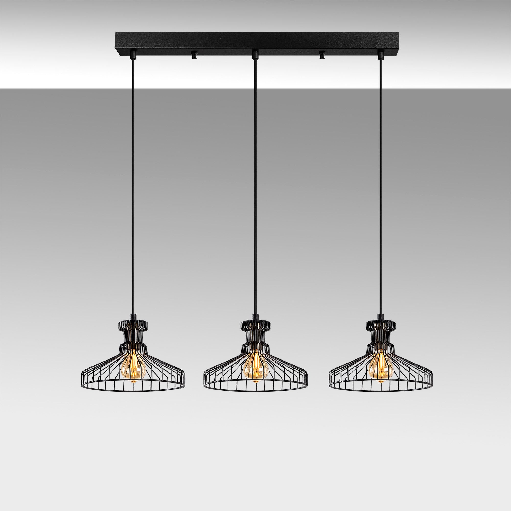 Candeeiro de Teto Industrial, Acabamento Preto e Antigo, 73 x 23 cm, Altura Ajustável 39-129 cm, Corpo de Metal, 3 Soquetes E14, Design Moderno para Casa e Escritório