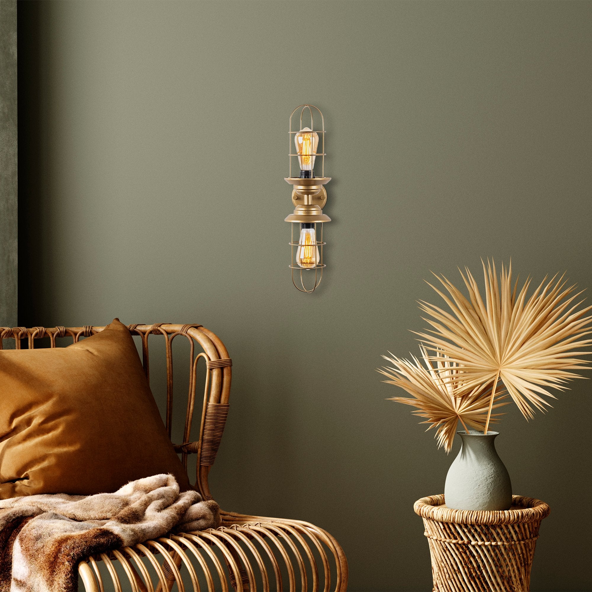 Candeeiro de Parede dourada elegante, corpo de metal, 12 x 20 x 51 cm | IP20, 2 x E27 máx. 40 W | Design glamoroso para decoração e ambientação moderna
