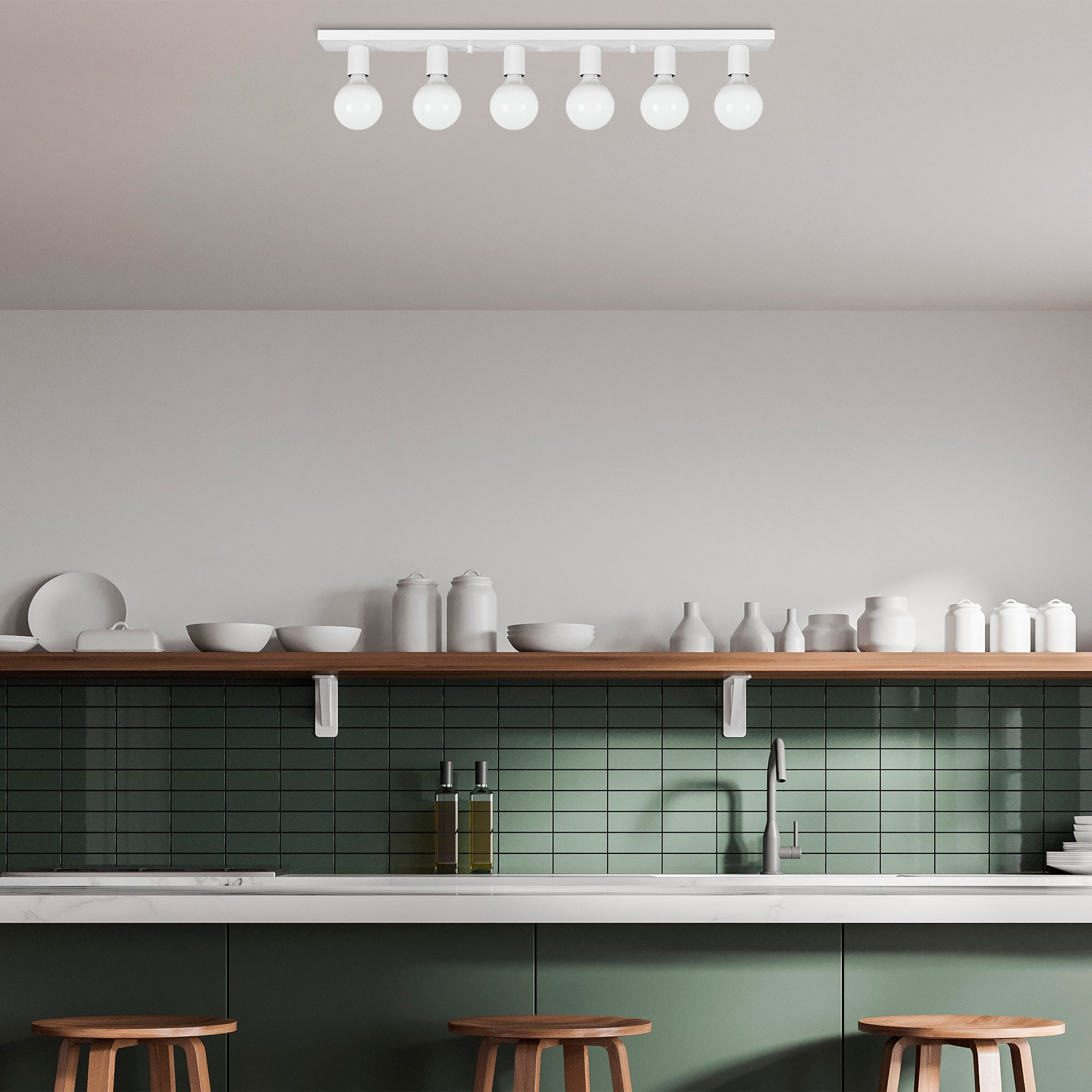 Candeeiro de Teto Branco Elegante, Corpo em Metal, 91 x 10 x 10 cm | 6 Soquetes E27, Máx. 40 W | Design Escandinavo, Perfeito para Espaços Modernos, Classificação IP20