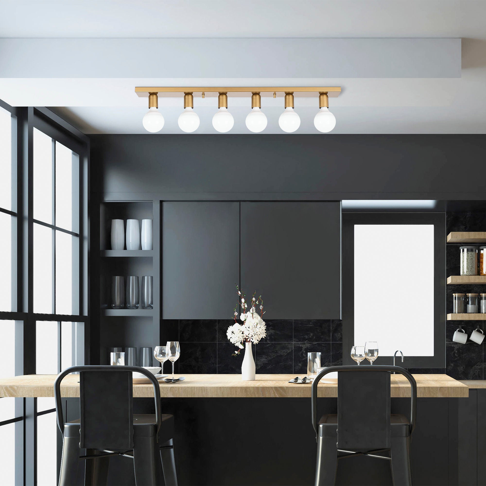 Candeeiro de Teto Dourado Elegante, Corpo em Metal, 91 x 10 x 10 cm | 6 Soquetes E27, Máx. 40 W | Design Escandinavo Glamouroso, Perfeito para Espaços Modernos