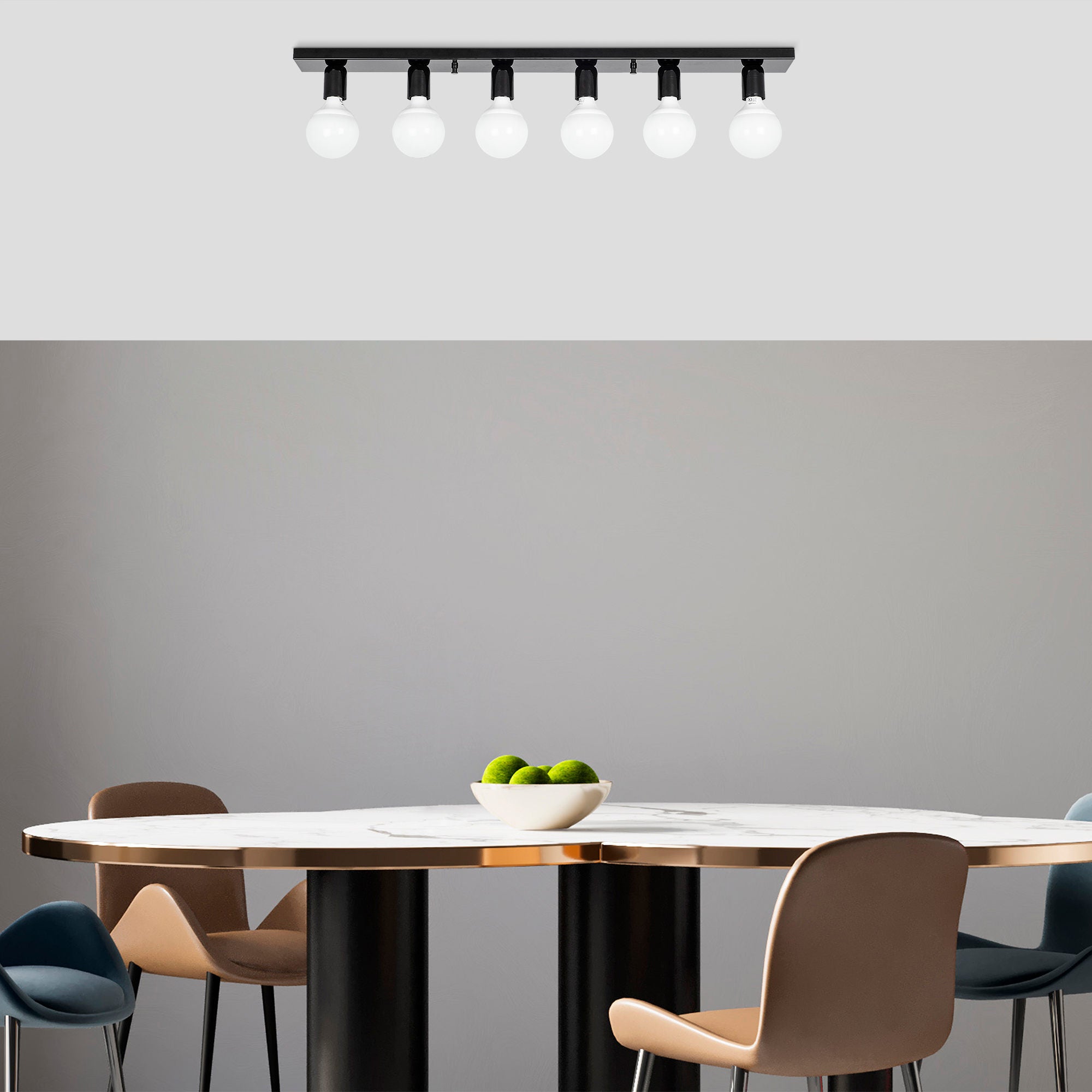 Candeeiro de Teto Industrial Escandinavo, Corpo em Metal, 91 x 10 x 10 cm | 6 Soquetes E27, Máx. 40 W | Design Elegante em Preto e Branco para Espaços Modernos