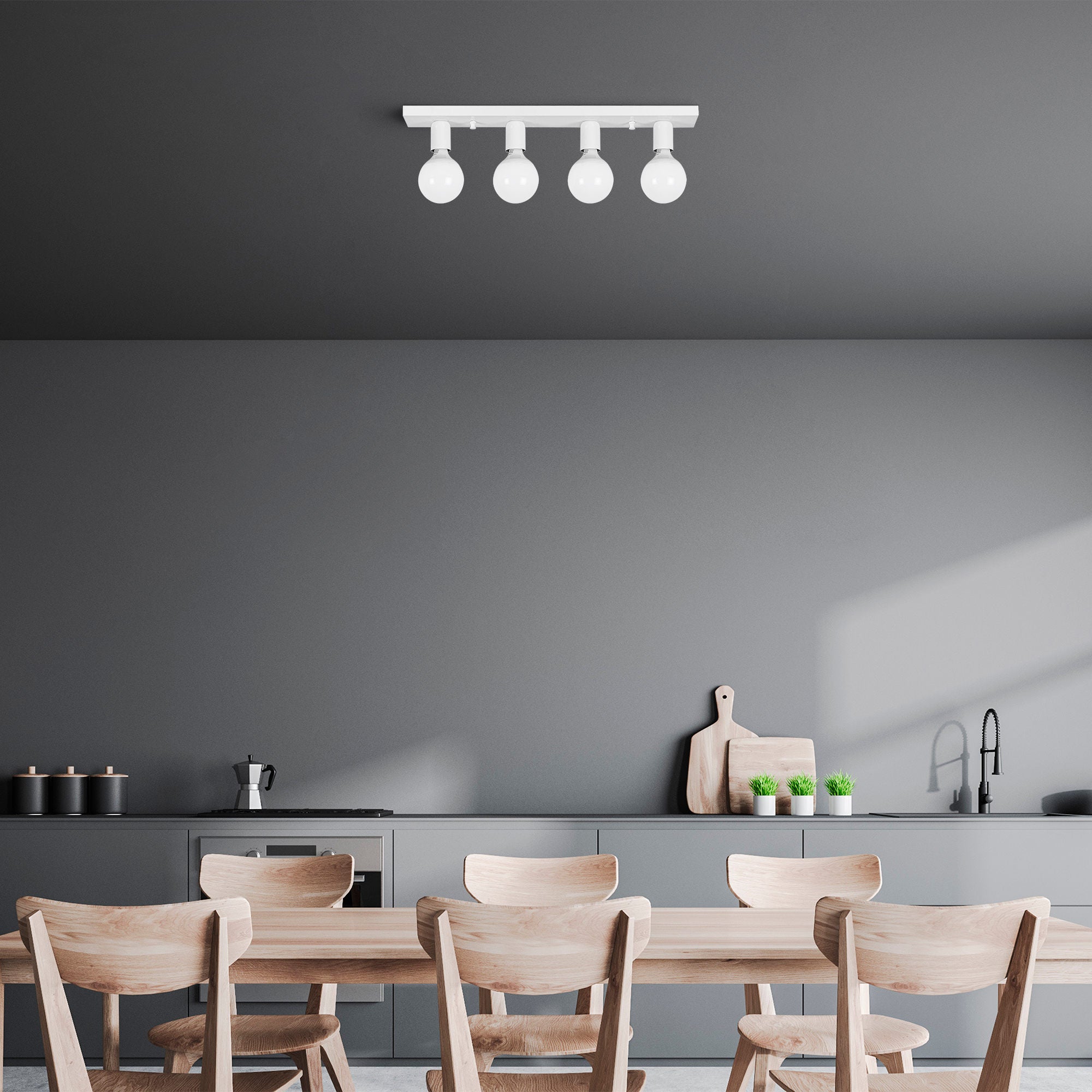 Candeeiro de Teto Branco Elegante, Corpo em Metal, 60 x 10 x 10 cm | 4 x E27 Máx. 40 W | Design Escandinavo, IP20 | Perfeito para Decoração Moderna