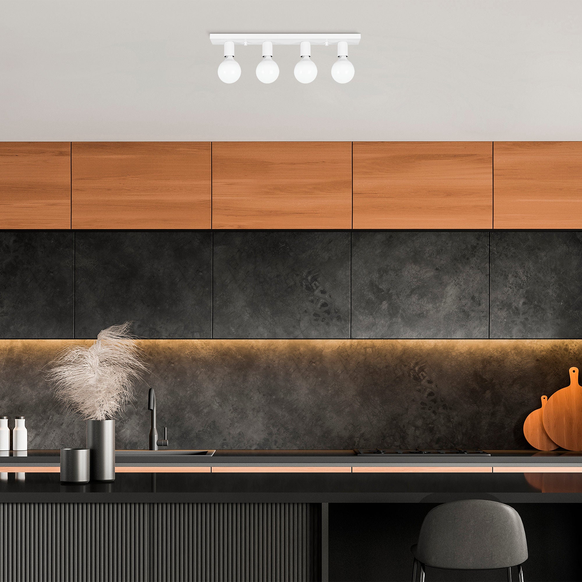 Candeeiro de Teto Branco Elegante, Corpo em Metal, 60 x 10 x 10 cm | 4 x E27 Máx. 40 W | Design Escandinavo, IP20 | Perfeito para Decoração Moderna