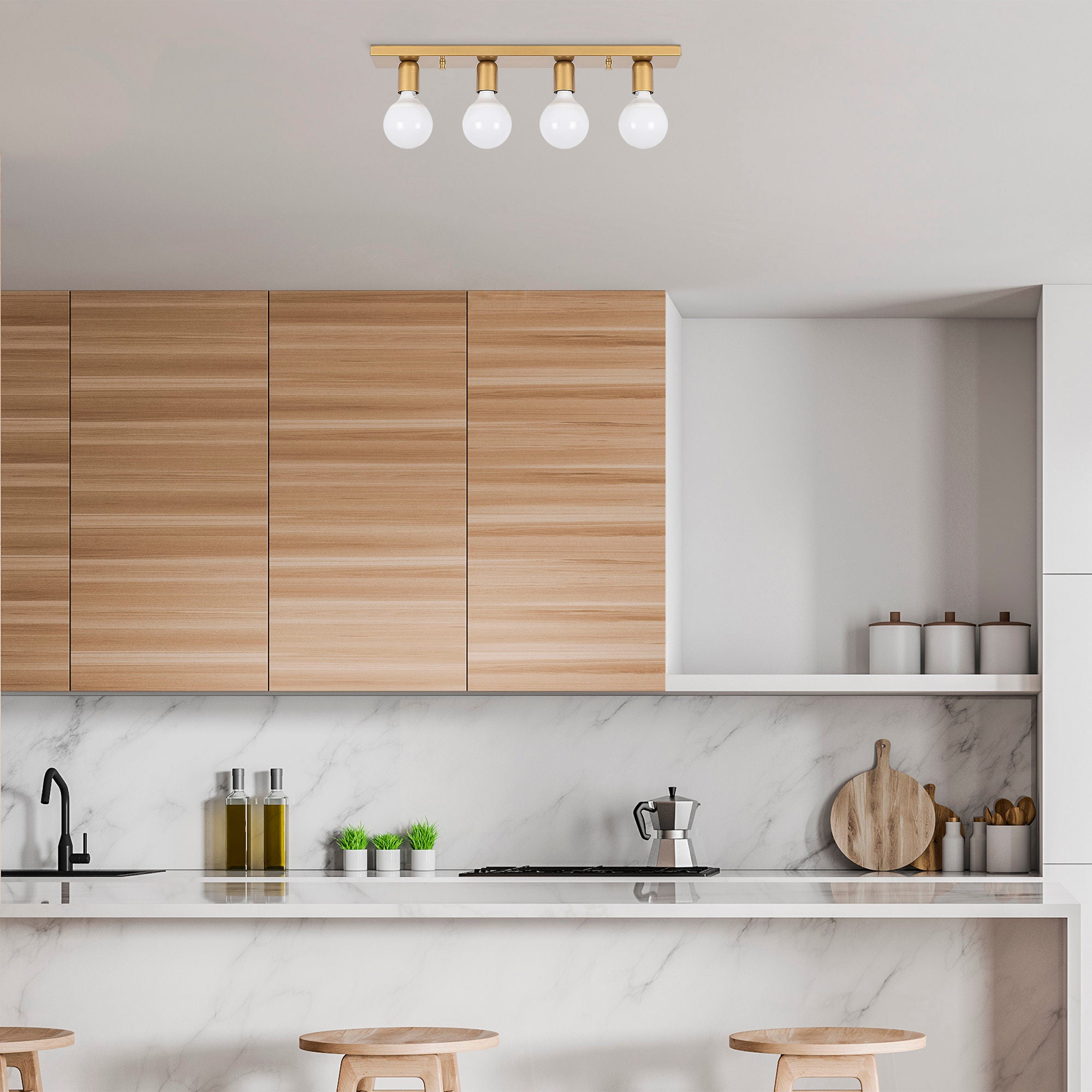 Candeeiro de Teto Escandinavo Glamouroso, Corpo em Metal Dourado, 60 x 10 x 10 cm | 4 x E27 máx. 40 W | Iluminação Elegante para Decoração Moderna de Casa e Salas de Jantar