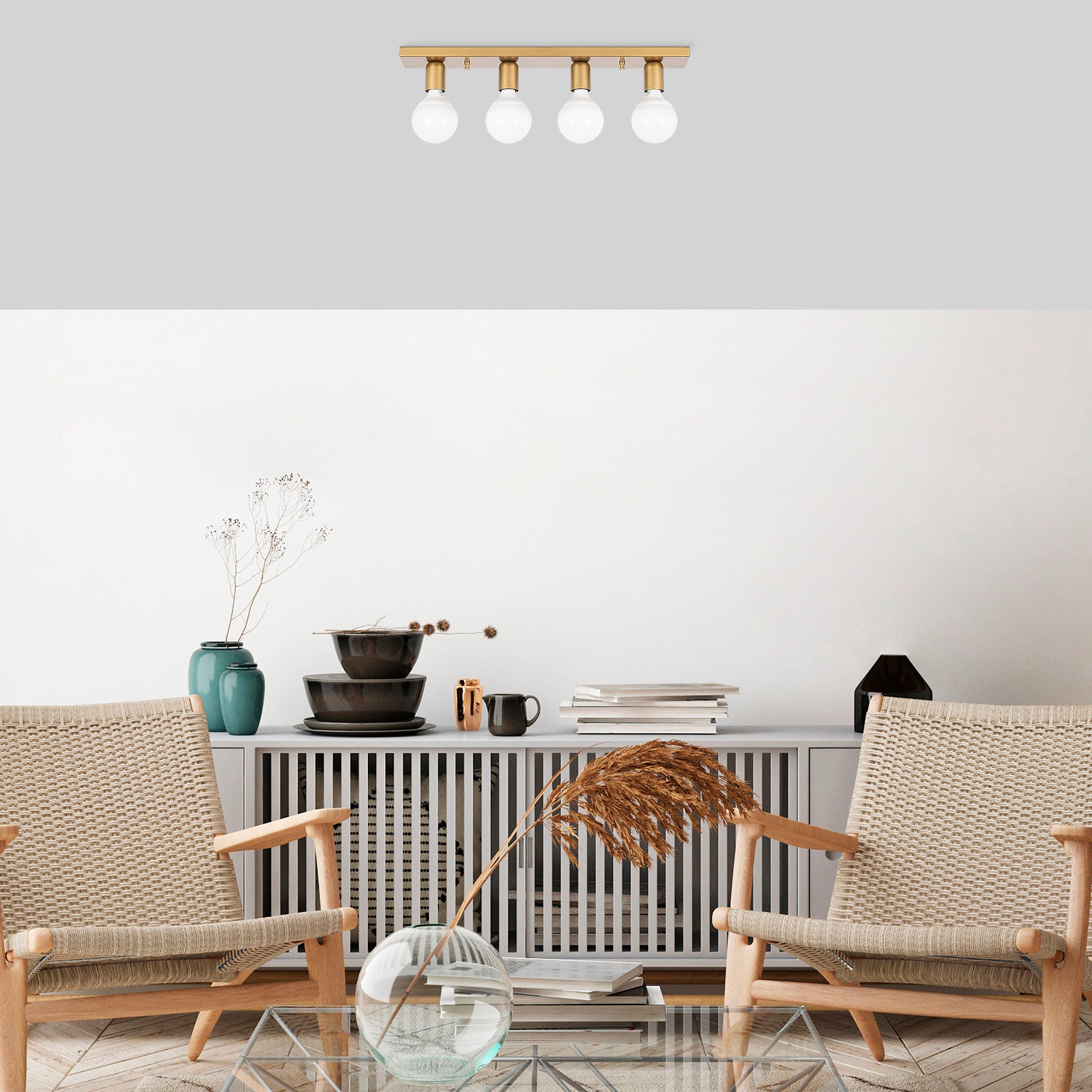 Candeeiro de Teto Escandinavo Glamouroso, Corpo em Metal Dourado, 60 x 10 x 10 cm | 4 x E27 máx. 40 W | Iluminação Elegante para Decoração Moderna de Casa e Salas de Jantar