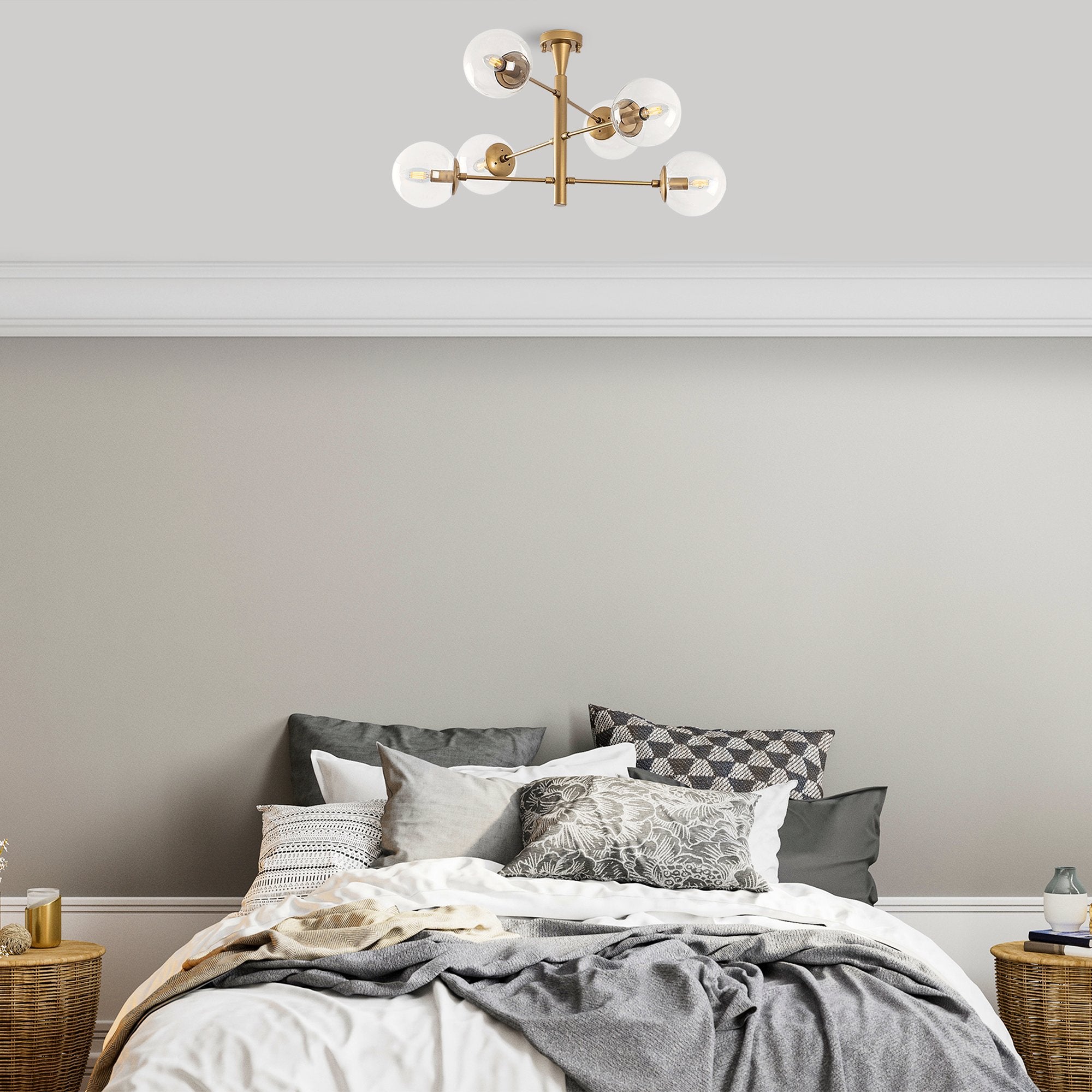 Candeeiro de Teto Dourado Elegante, Corpo em Metal, 75 x 75 x 40 cm | Tampa de Vidro (15 cm) | 6 x E14 Máx. 40 W | Design Escandinavo Glamouroso para Espaços Modernos
