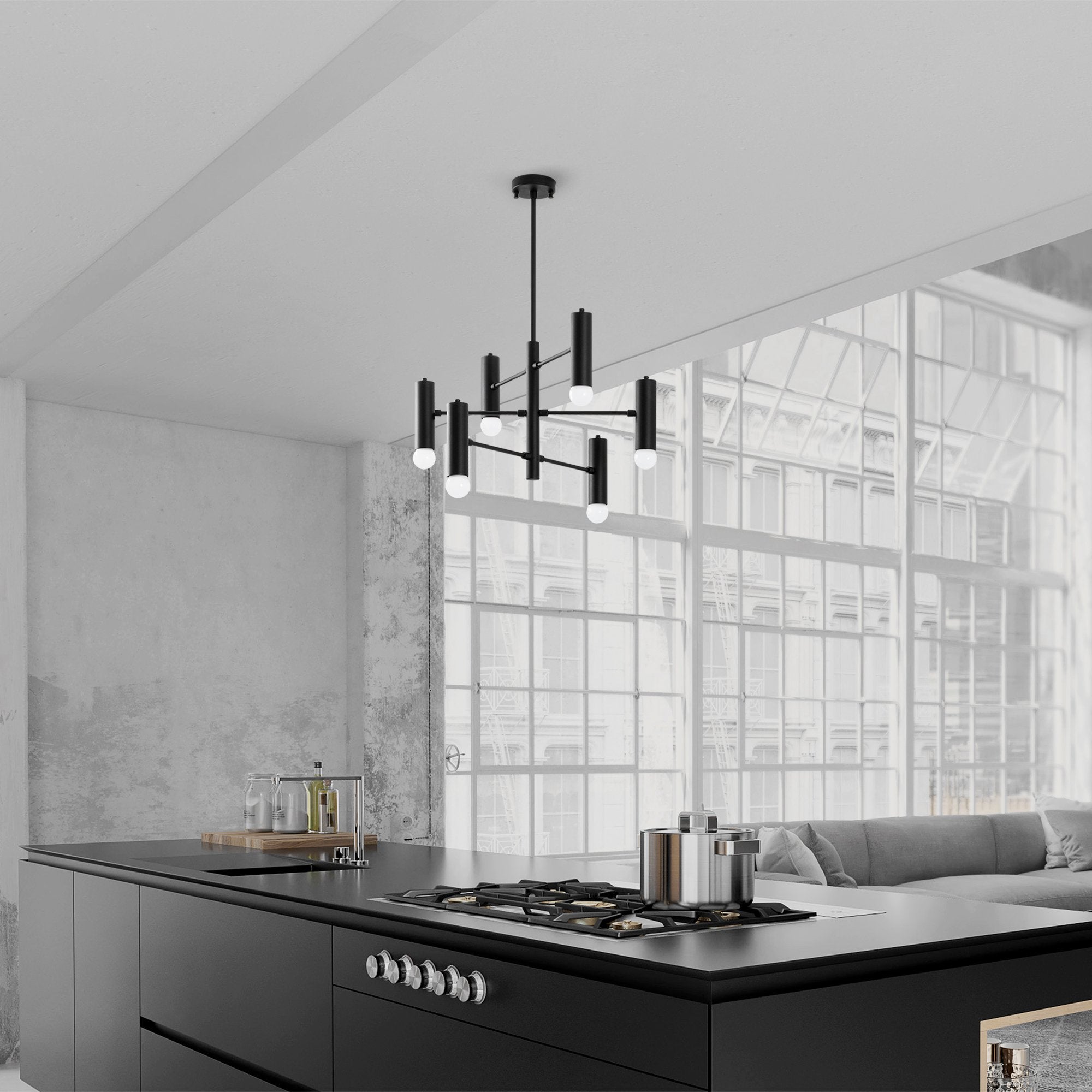 Candeeiro de Teto Industrial Escandinavo, Preto e Branco, 55 x 55 x 73 cm | Corpo em Metal, 6 Soquetes E27, Design Elegante para Espaços Modernos | Classificação IP20