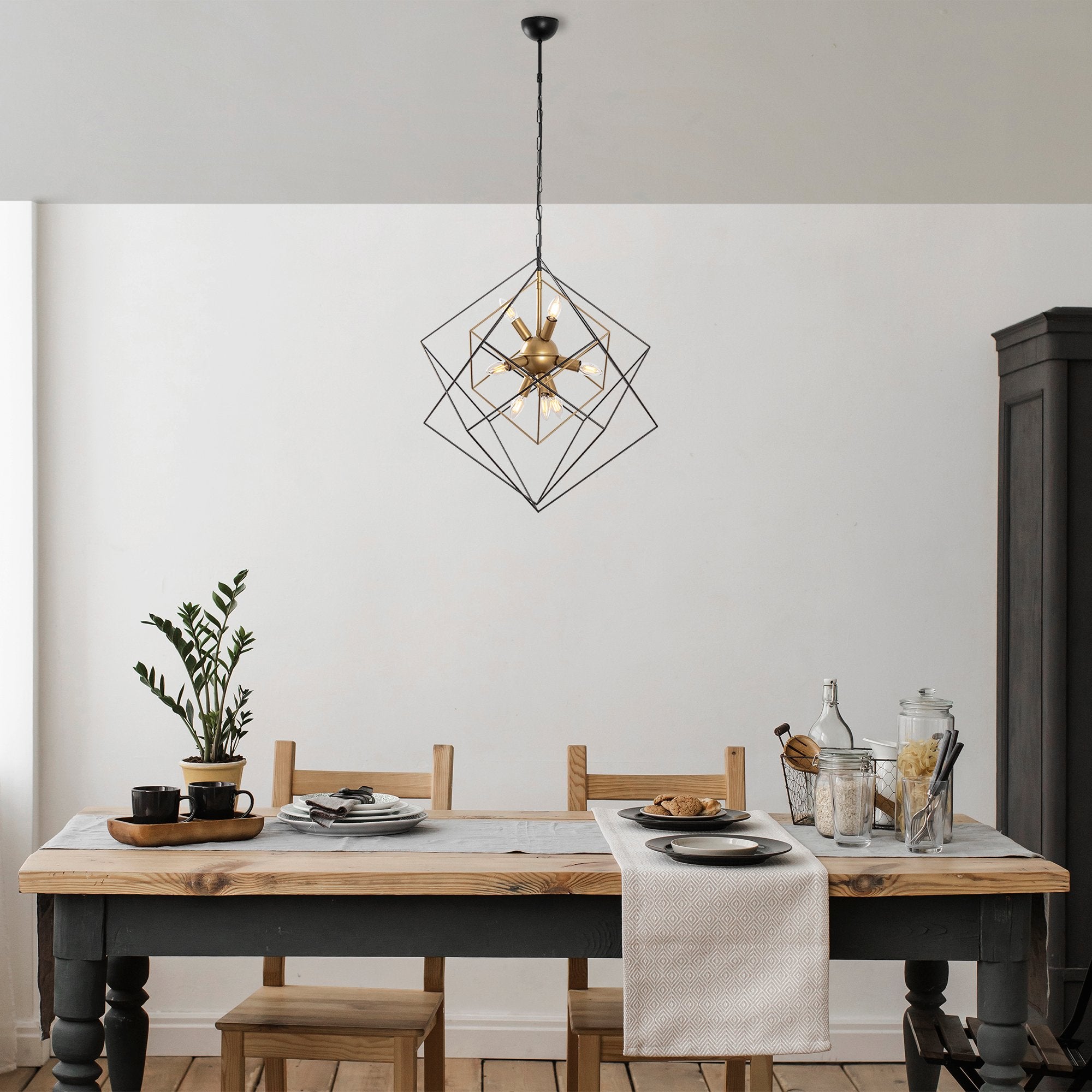 Candeeiro de Teto Industrial, Corpo em Metal, Acabamento Preto e Antigo, 62 x 62 x 125 cm | 9 x E14 Máx. 40 W | Iluminação Elegante para Espaços Modernos, Classificação IP20
