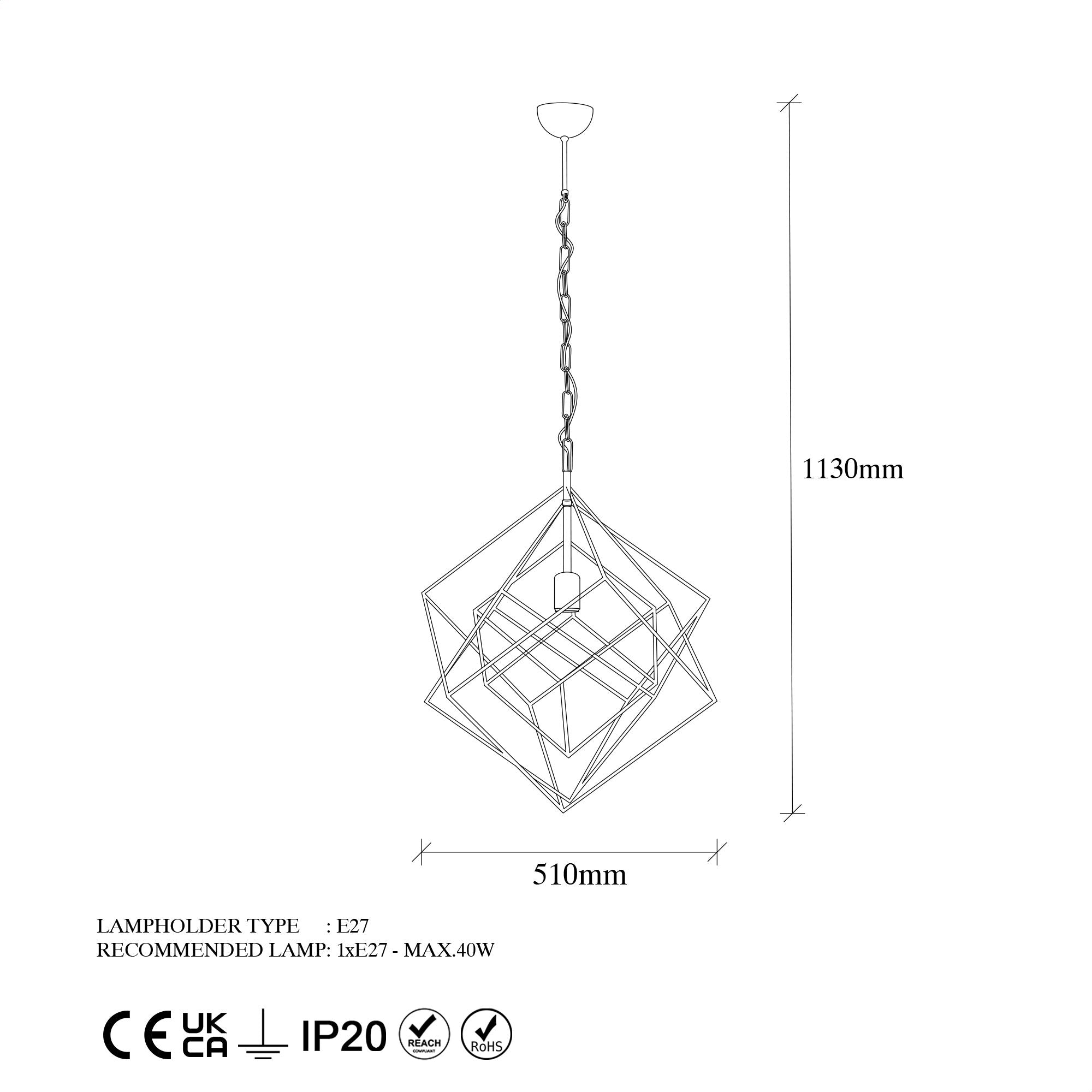 Candeeiro de Teto Industrial, Corpo em Metal, Acabamento Preto e Antigo, 51 x 51 x 113 cm | Soquete E27, Potência Máxima de 40 W | Iluminação Elegante para Espaços Modernos, Classificação IP20