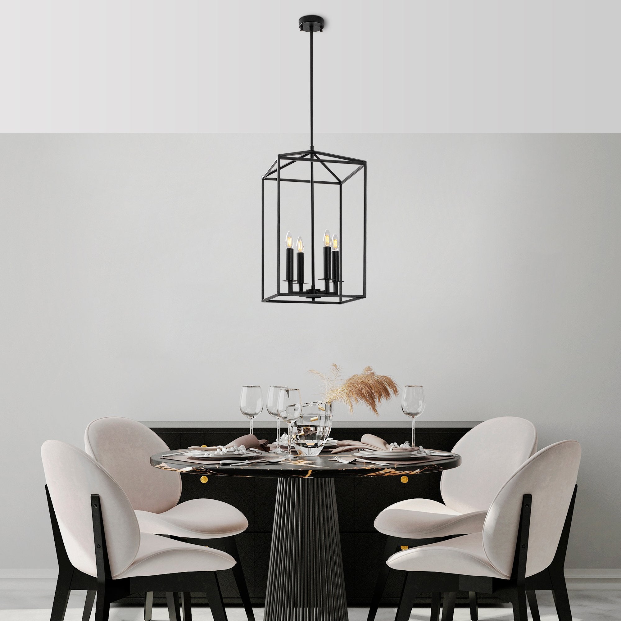 Candeeiro de Teto Industrial Preto, Corpo em Metal, 35 x 35 x 107 cm | 4 x E14 Máx. 40 W, IP20 | Iluminação Elegante para Casas e Escritórios Modernos