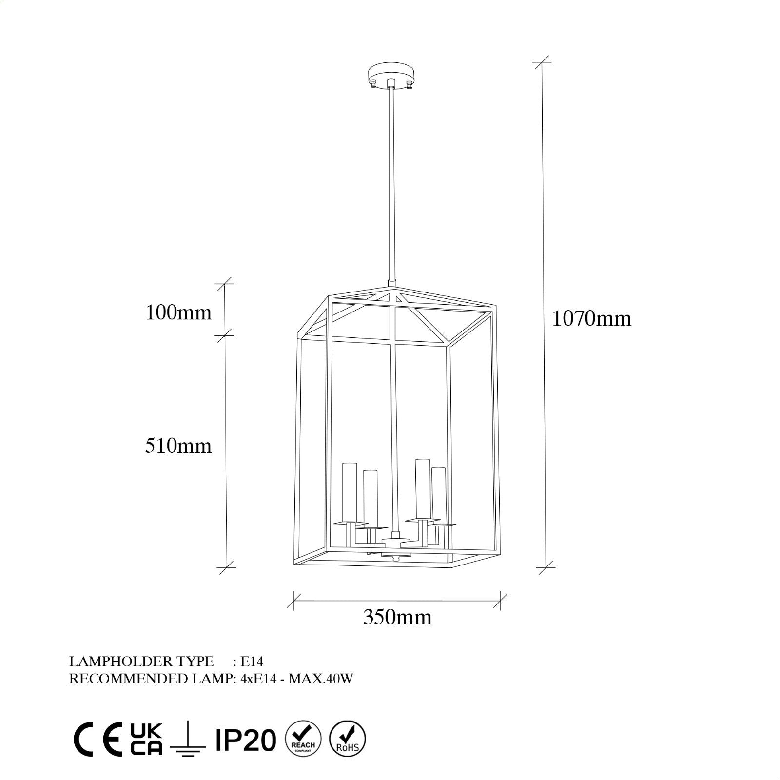 Candeeiro de Teto Industrial Preto, Corpo em Metal, 35 x 35 x 107 cm | 4 x E14 Máx. 40 W, IP20 | Iluminação Elegante para Casas e Escritórios Modernos