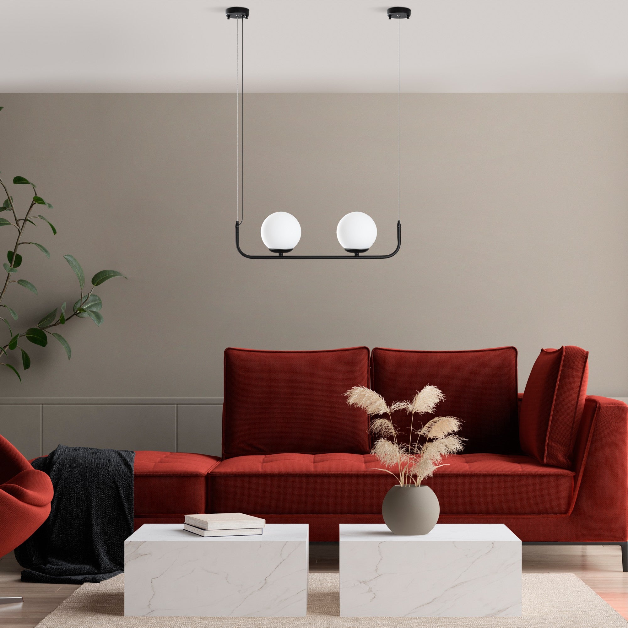 Candeeiro de Teto preto elegante, altura ajustável de 20 a 110 cm, corpo de metal, 2 soquetes E14, diâmetro da tampa de 15 cm, perfeito para decoração moderna | Lâmpada não incluída