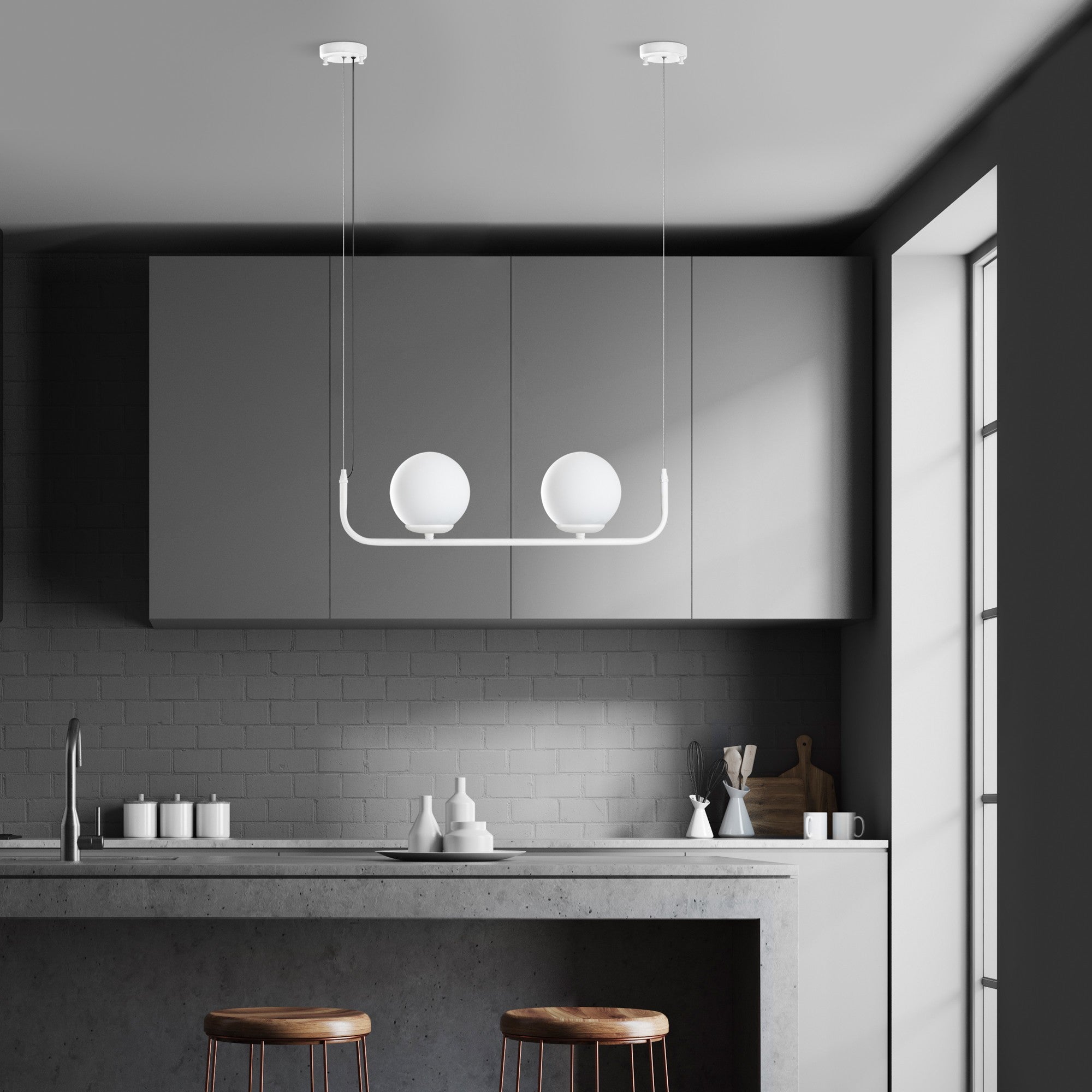 Candeeiro de Teto elegante ajustável, corpo de metal branco, 56 cm de comprimento, 20-110 cm de altura | 2 soquetes E14, IP22 | Perfeito para decoração moderna