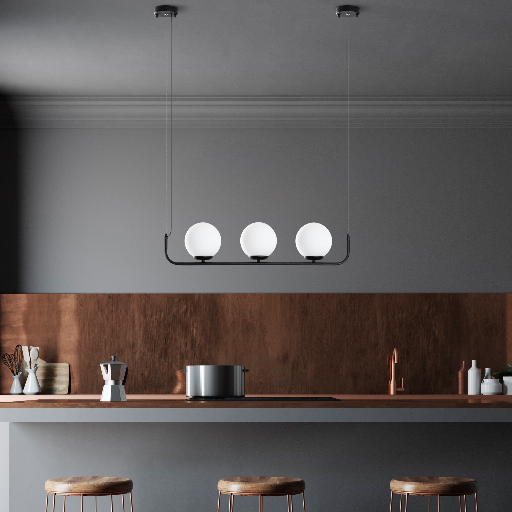 Candeeiro de Teto preto elegante, altura ajustável de 20 a 110 cm, corpo de metal, 3 soquetes E14, diâmetro da tampa de 15 cm, perfeito para espaços modernos, classificação IP23