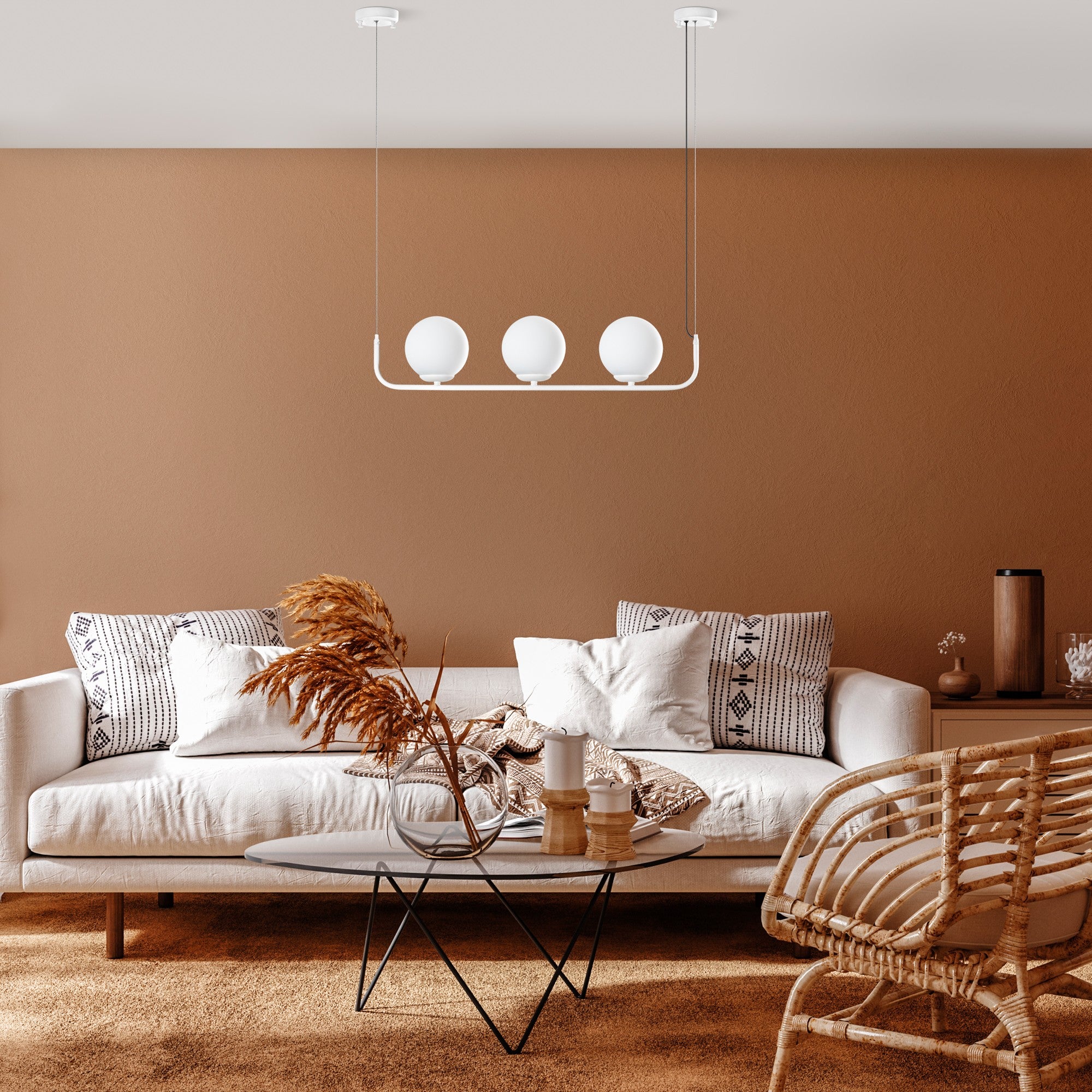 Candeeiro de Teto branco elegante, altura ajustável de 20 a 110 cm, corpo de metal, 3 soquetes E14, diâmetro da tampa de 15 cm, perfeito para espaços modernos, classificação IP25