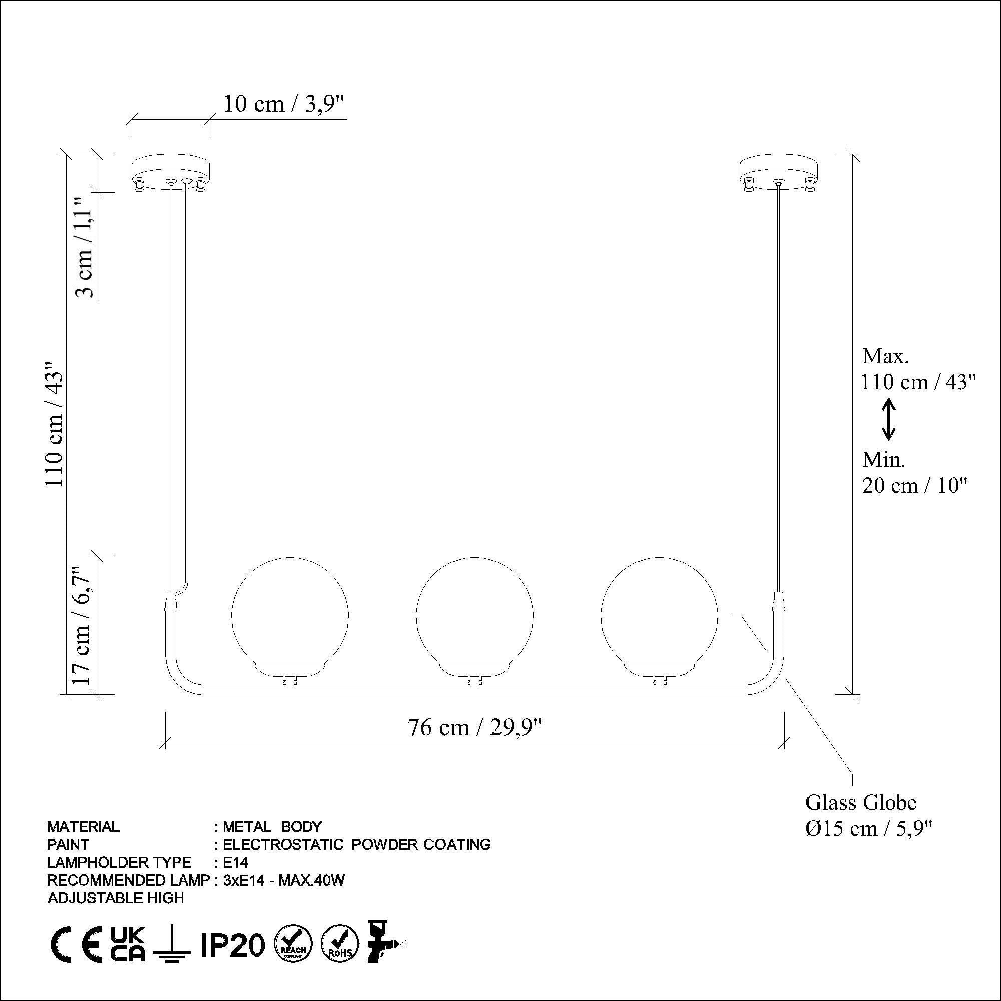 Candeeiro de Teto branco elegante, altura ajustável de 20 a 110 cm, corpo de metal, 3 soquetes E14, diâmetro da tampa de 15 cm, perfeito para espaços modernos, classificação IP25