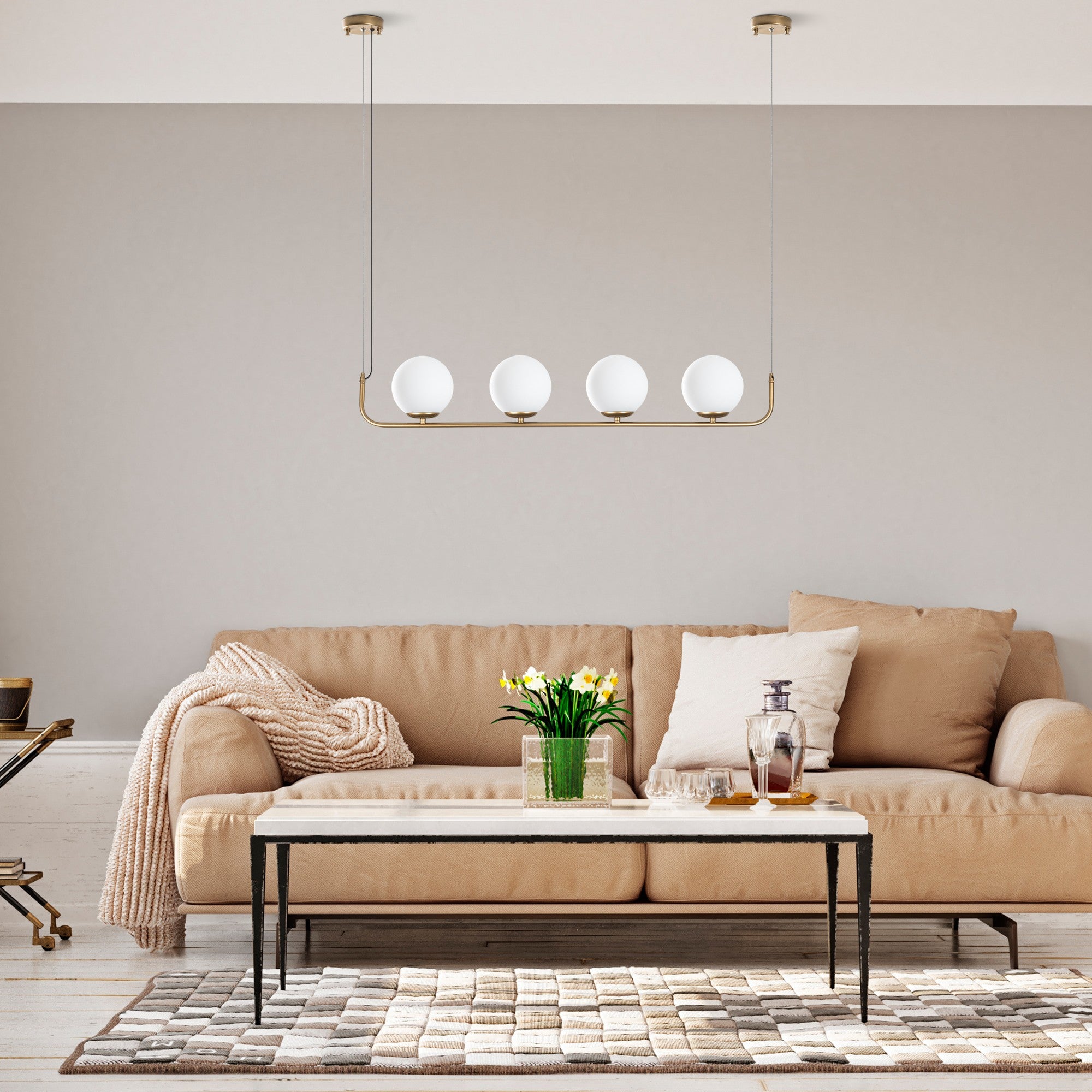 Candeeiro de Teto dourado elegante, altura ajustável de 20 a 110 cm, corpo de metal, 4 soquetes E14, diâmetro da tampa de 15 cm, perfeito para espaços de convivência modernos, classificação IP27.