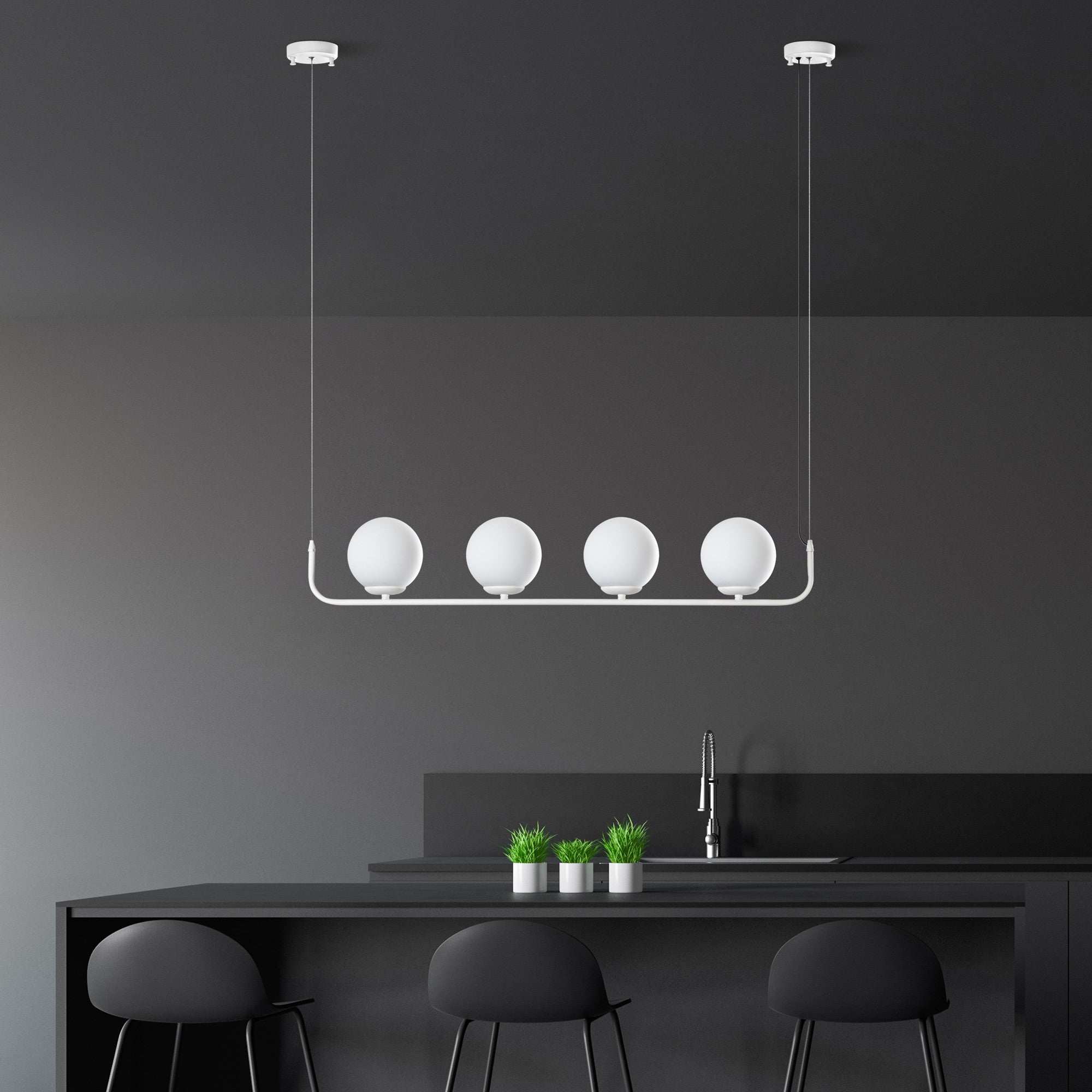 Candeeiro de Teto branco elegante, altura ajustável de 20 a 110 cm, corpo de metal, 4 soquetes E14, diâmetro da tampa de 15 cm, perfeito para espaços modernos, classificação IP28