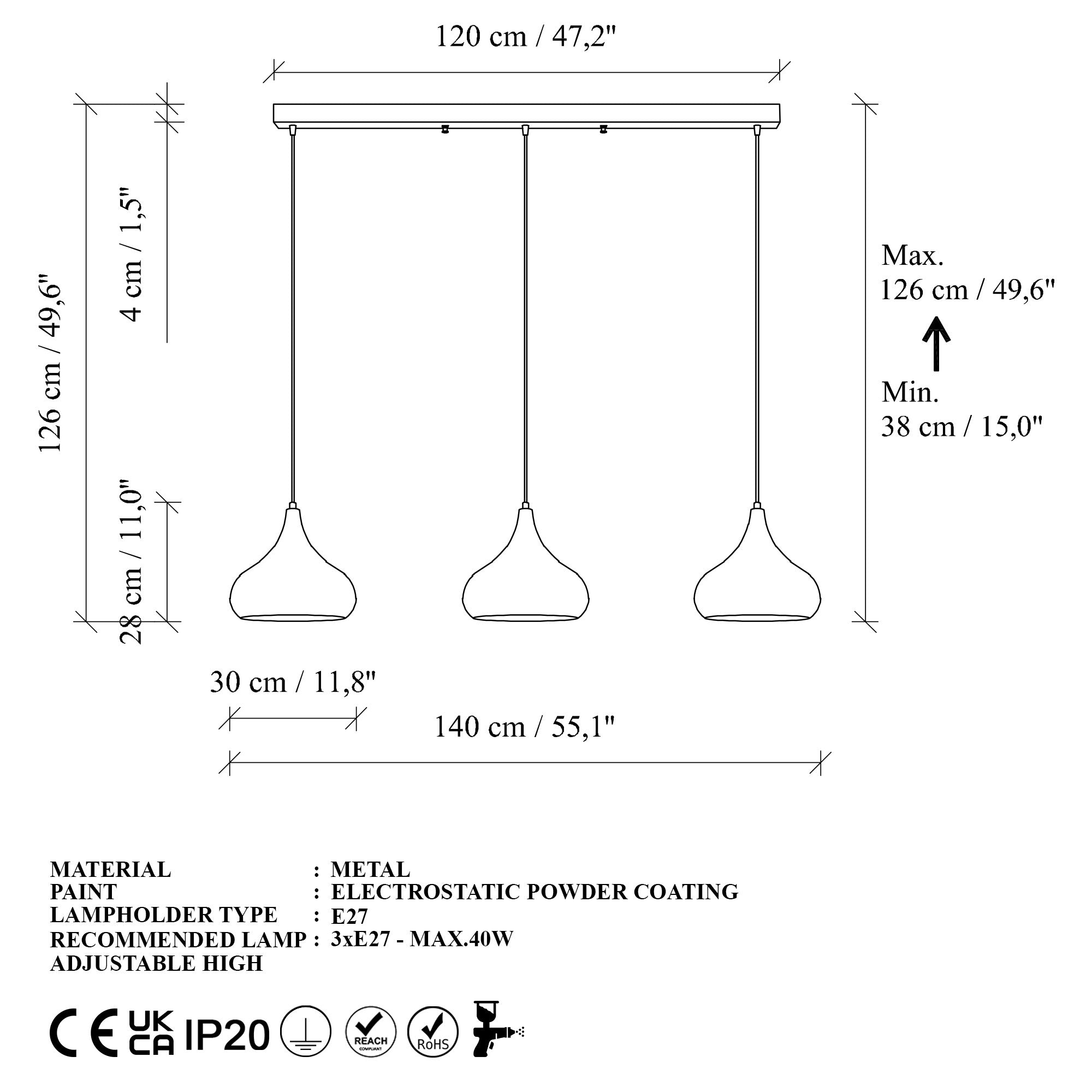 Candeeiro de Teto – 140 x 30 x 126 cm – Preto – Metálico