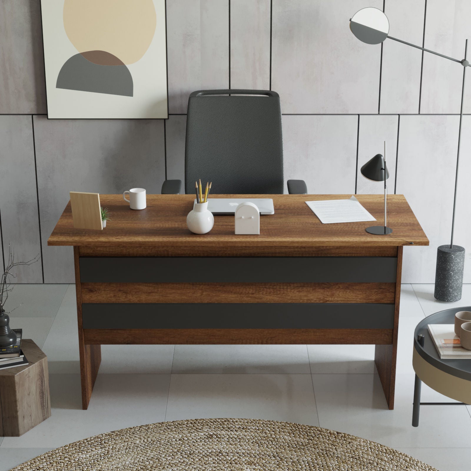 Secretária de Estudo Moderna – 140 x 60 x 73,8 cm – Nogueira e Antracite – Painel de Partículas revestido em Melamina