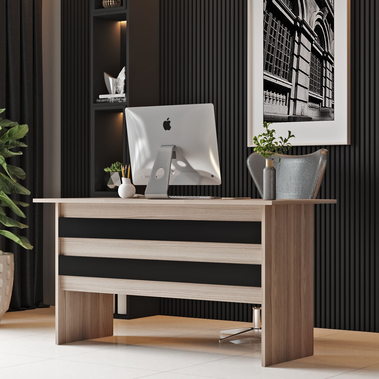 Secretária de Estudo Moderna – 140 x 60 x 73,8 cm – Carvalho e Preto – Painéis de Partículas Revestidos em Melamina