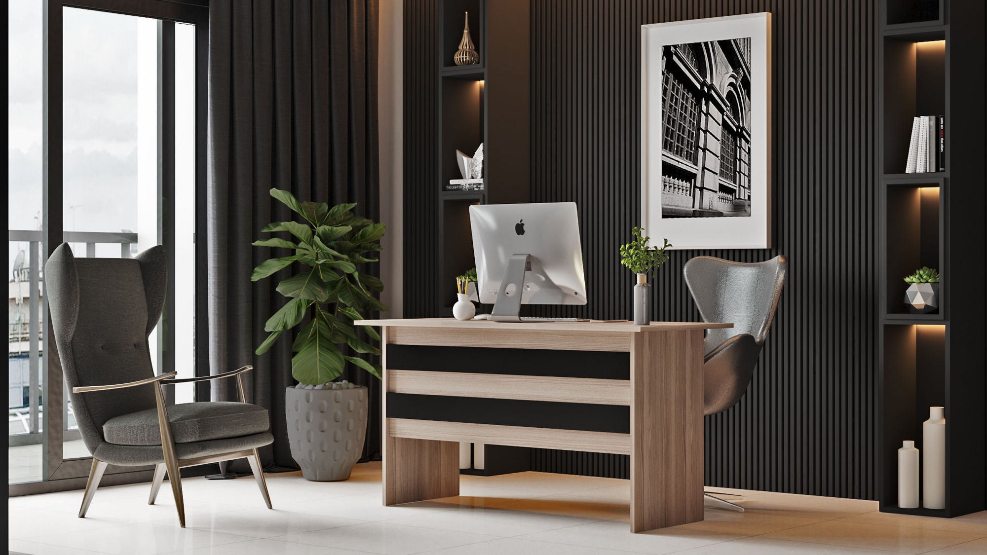 Secretária de Estudo Moderna – 140 x 60 x 73,8 cm – Carvalho e Preto – Painéis de Partículas Revestidos em Melamina