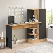 Secretária de Estudo/Escritório Moderna, Pinho Atlântico e Preto, 152,3 x 120 x 40 cm | Painel de Partículas 100% Revestido em Melamina, 18 mm de Espessura | Elegante e Funcional para Escritório em Casa